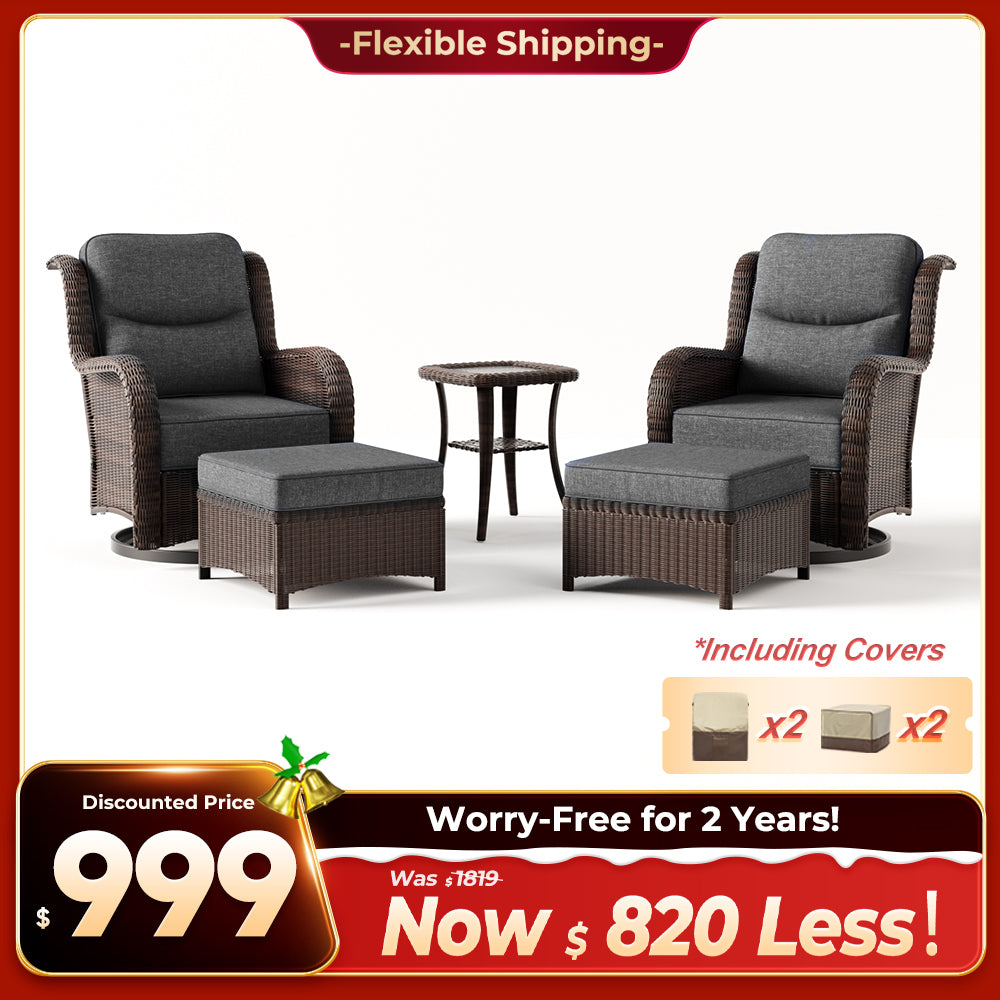 Ardenelle Luxury 5 Piece Patio Wicker Conversation Set With Ottomans And Covers