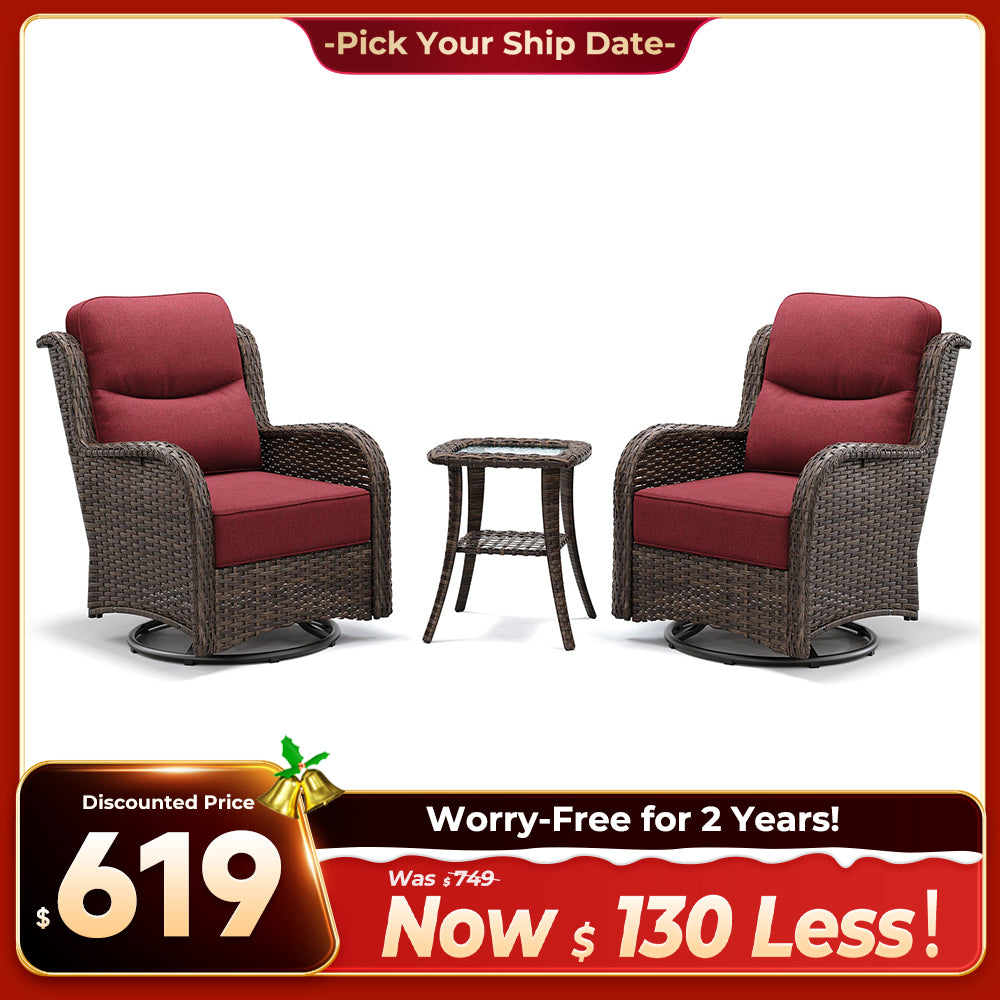 Hawthorne 3 Piece Outdoor Wicker 360° Swivel Conversation Set With Cushions & Side Table For Porch