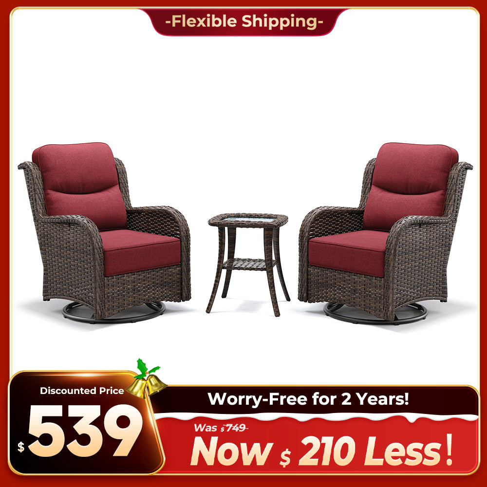 Hawthorne 3 Piece Outdoor Wicker 360° Swivel Conversation Set With Cushions & Side Table For Porch