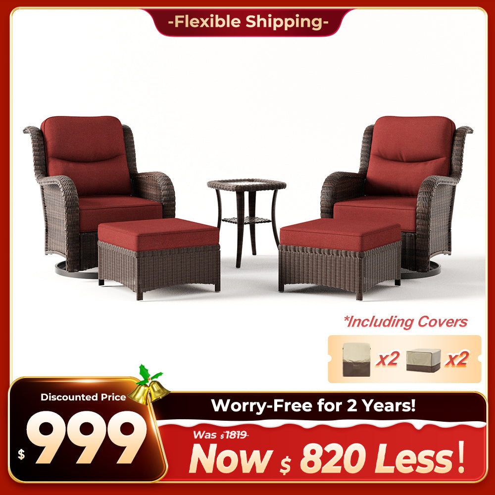 Ardenelle Luxury 5 Piece Patio Wicker Conversation Set With Ottomans And Covers