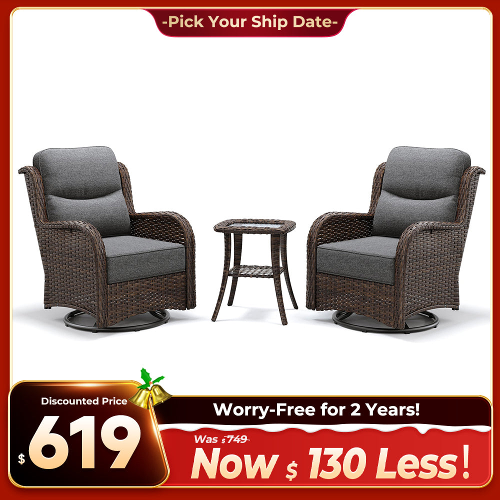 Hawthorne 3 Piece Outdoor Wicker 360° Swivel Conversation Set With Cushions & Side Table For Porch