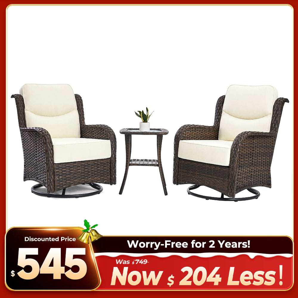 Hawthorne 3 Piece Outdoor Wicker 360° Swivel Conversation Set With Cushions & Side Table For Porch