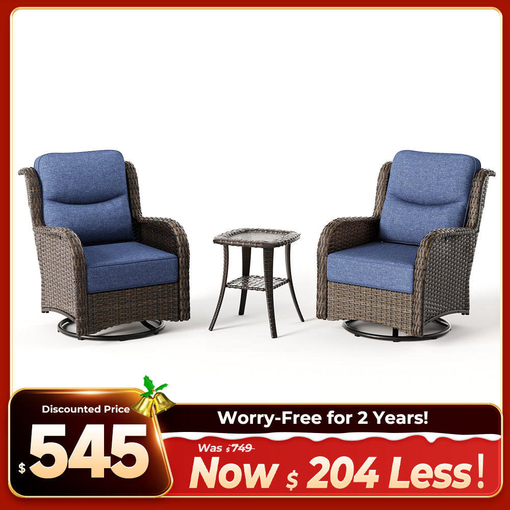Hawthorne 3 Piece Outdoor Wicker 360° Swivel Conversation Set With Cushions & Side Table For Porch