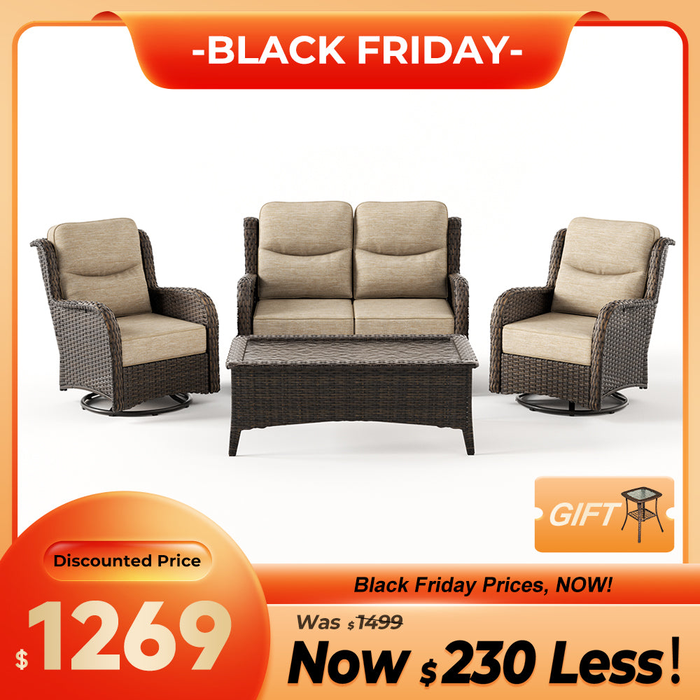 Hawthorne 4 Seater Patio Wicker Loveseat Set With Swivel Glider Chairs And Coffee Table