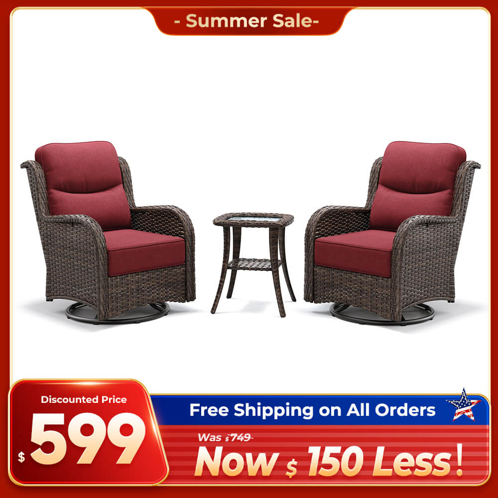 Hawthorne 3 Piece Outdoor Wicker 360° Swivel Conversation Set With Cushions & Side Table For Porch