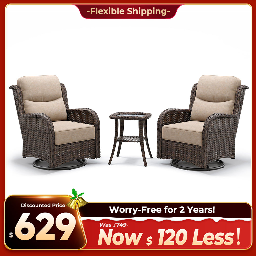 Hawthorne 3 Piece Outdoor Wicker 360° Swivel Conversation Set With Cushions & Side Table For Porch