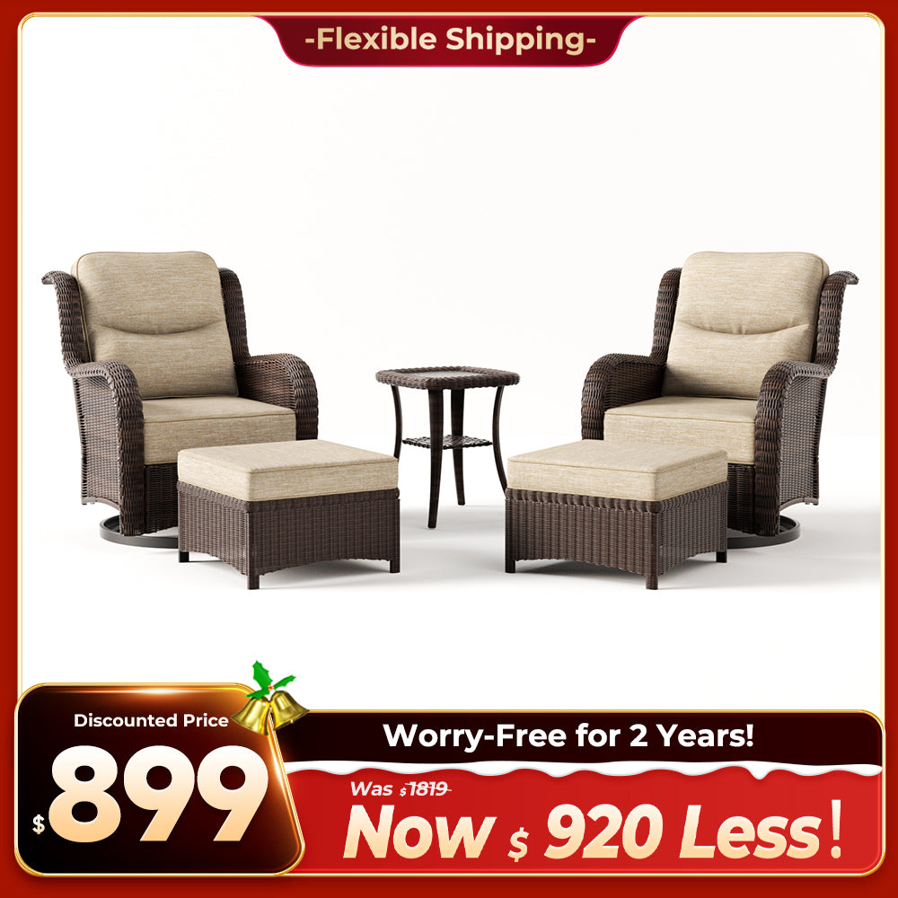 Ardenelle Luxury 5 Piece Patio Wicker Conversation Set With Ottomans And Covers