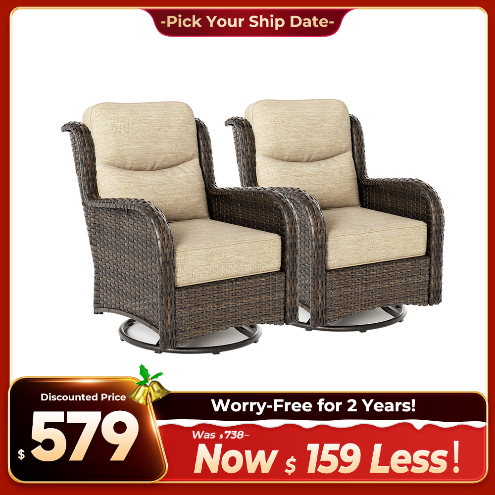 Hawthorne 2 Piece Outdoor Wicker  Swivel Gliding Chairs Set With 6-Inch Cushions & Sturdy Base