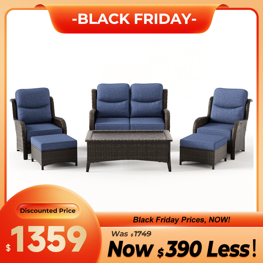 Hawthorne 6 Piece Patio Wicker Lounge Chairs And Loveseat Set With Coffee Table And Ottomans