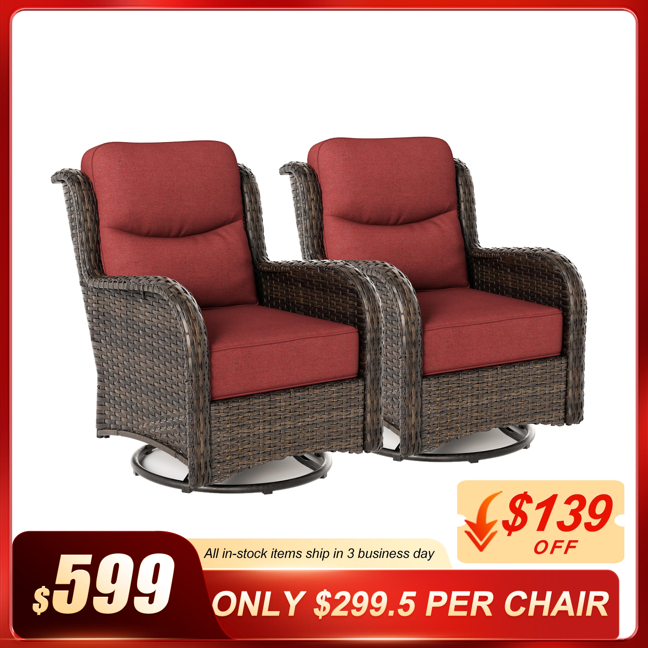 Hawthorne 2 Piece Outdoor Wicker  Swivel Gliding Chairs Set With 6-Inch Cushions & Sturdy Base