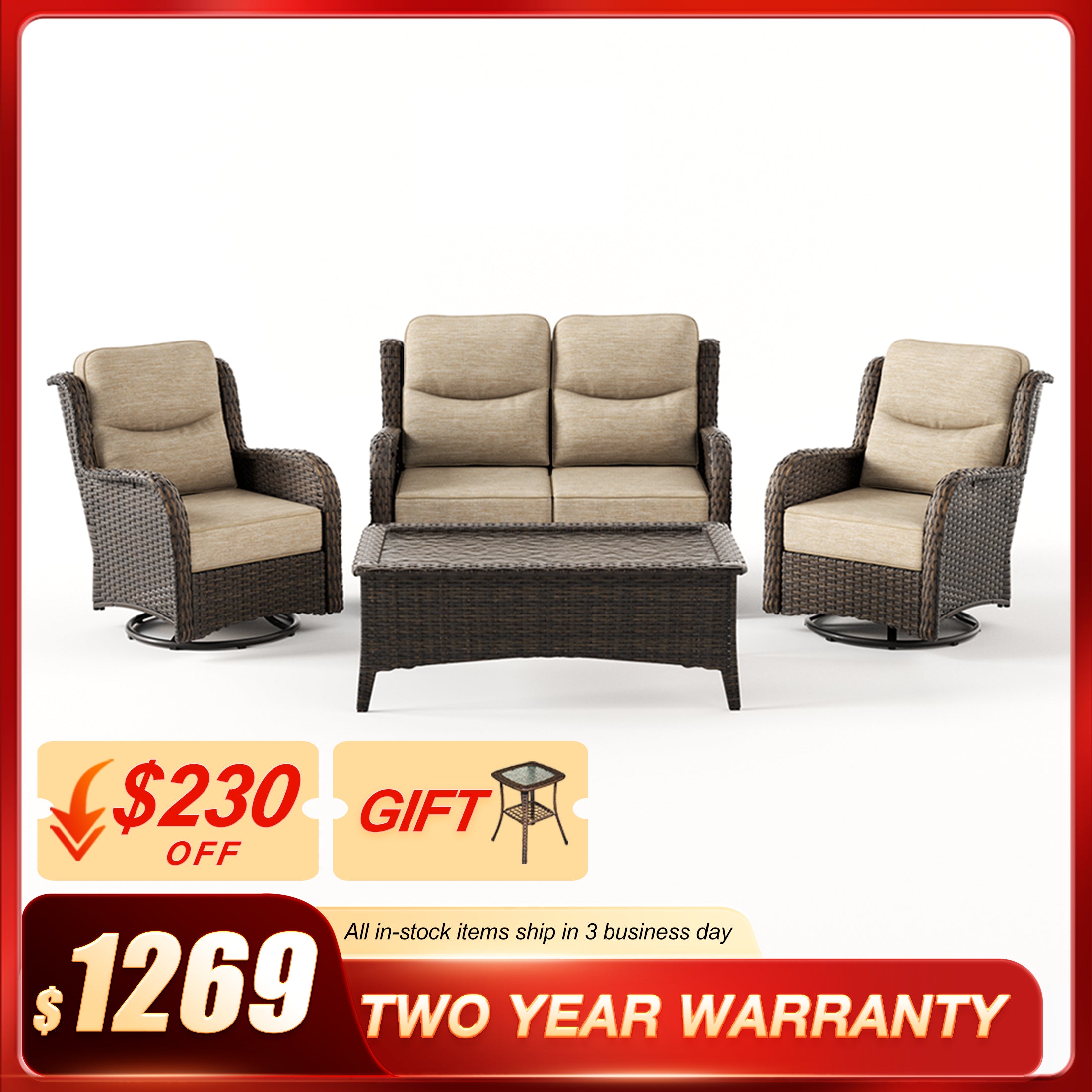 Hawthorne 4 Seater Patio Wicker Loveseat Set With Swivel Glider Chairs And Coffee Table