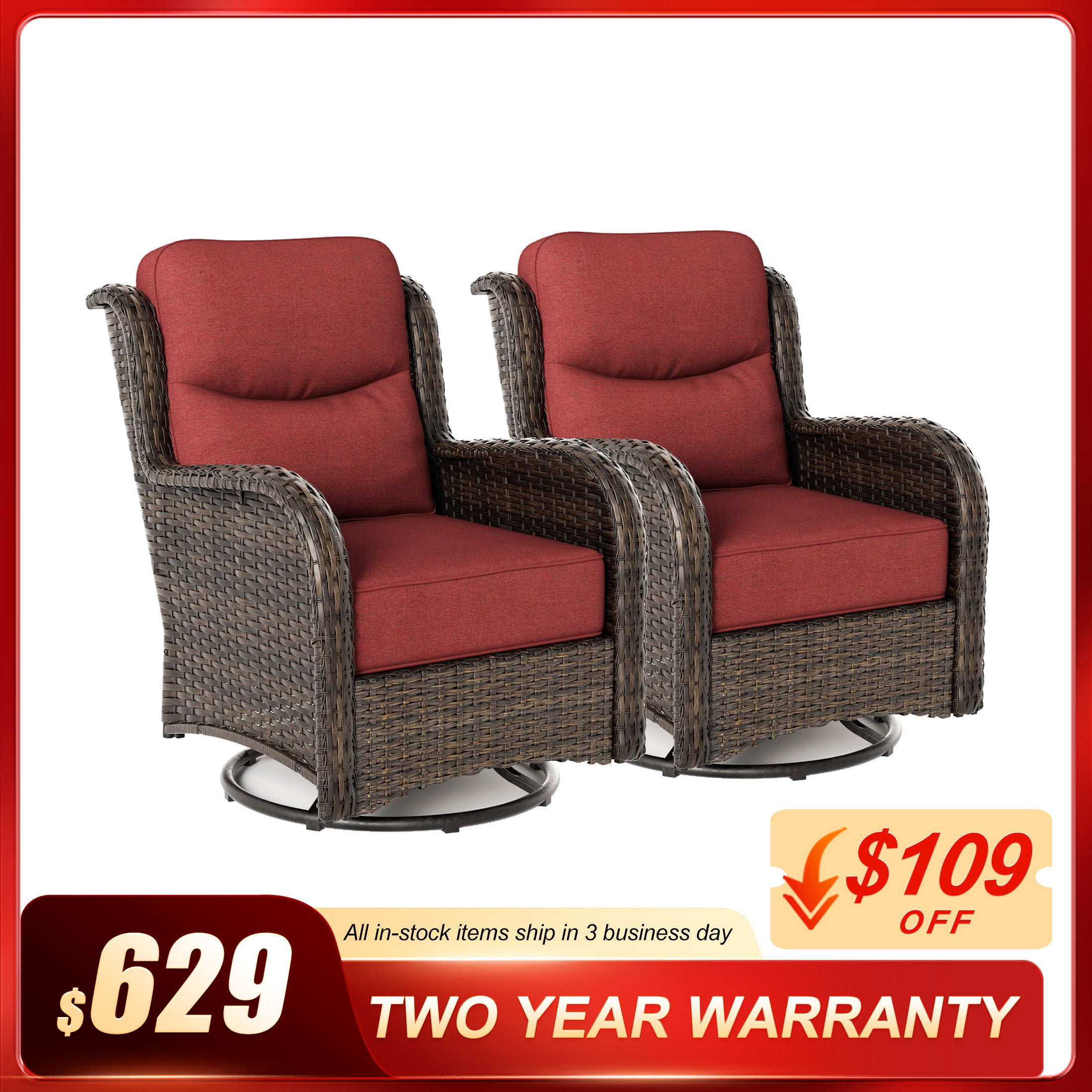 Hawthorne 2 Piece Outdoor Wicker  Swivel Gliding Chairs Set With 6-Inch Cushions & Sturdy Base