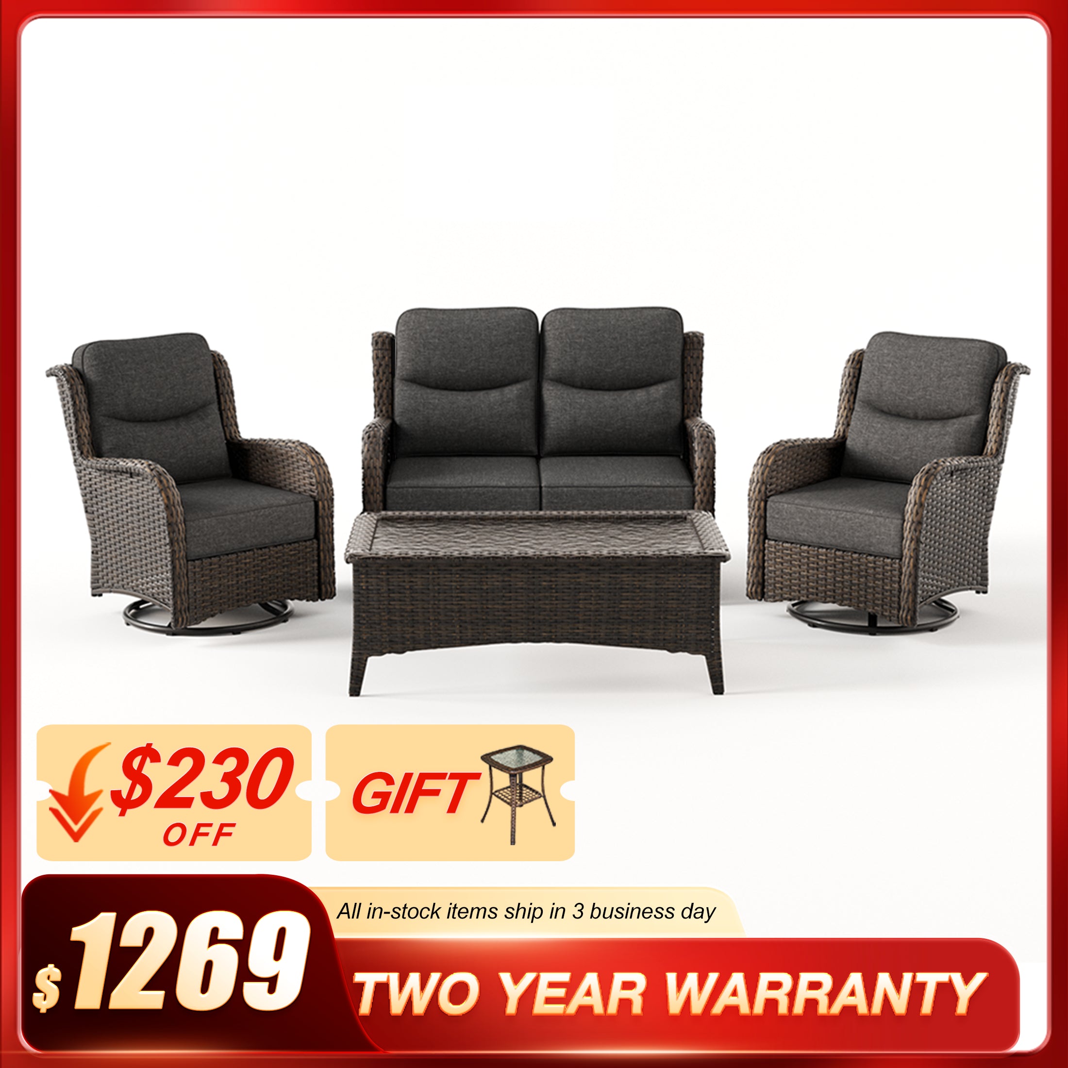 Hawthorne 4 Seater Patio Wicker Loveseat Set With Swivel Glider Chairs And Coffee Table