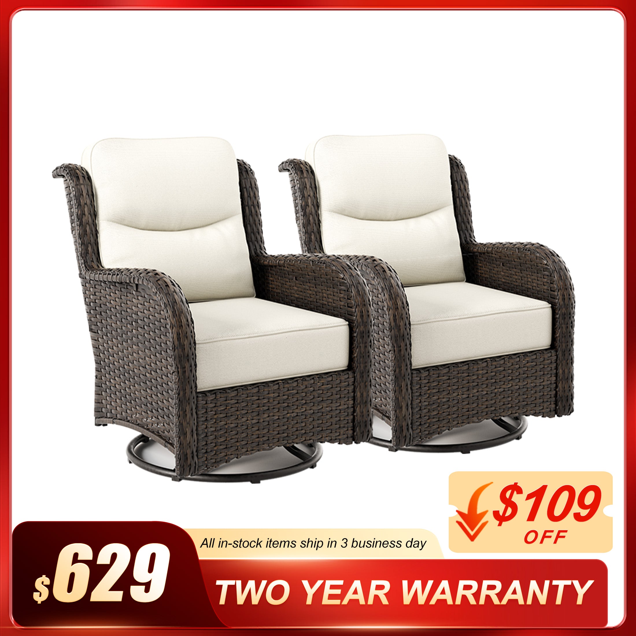 Hawthorne 2 Piece Outdoor Wicker  Swivel Gliding Chairs Set With 6-Inch Cushions & Sturdy Base