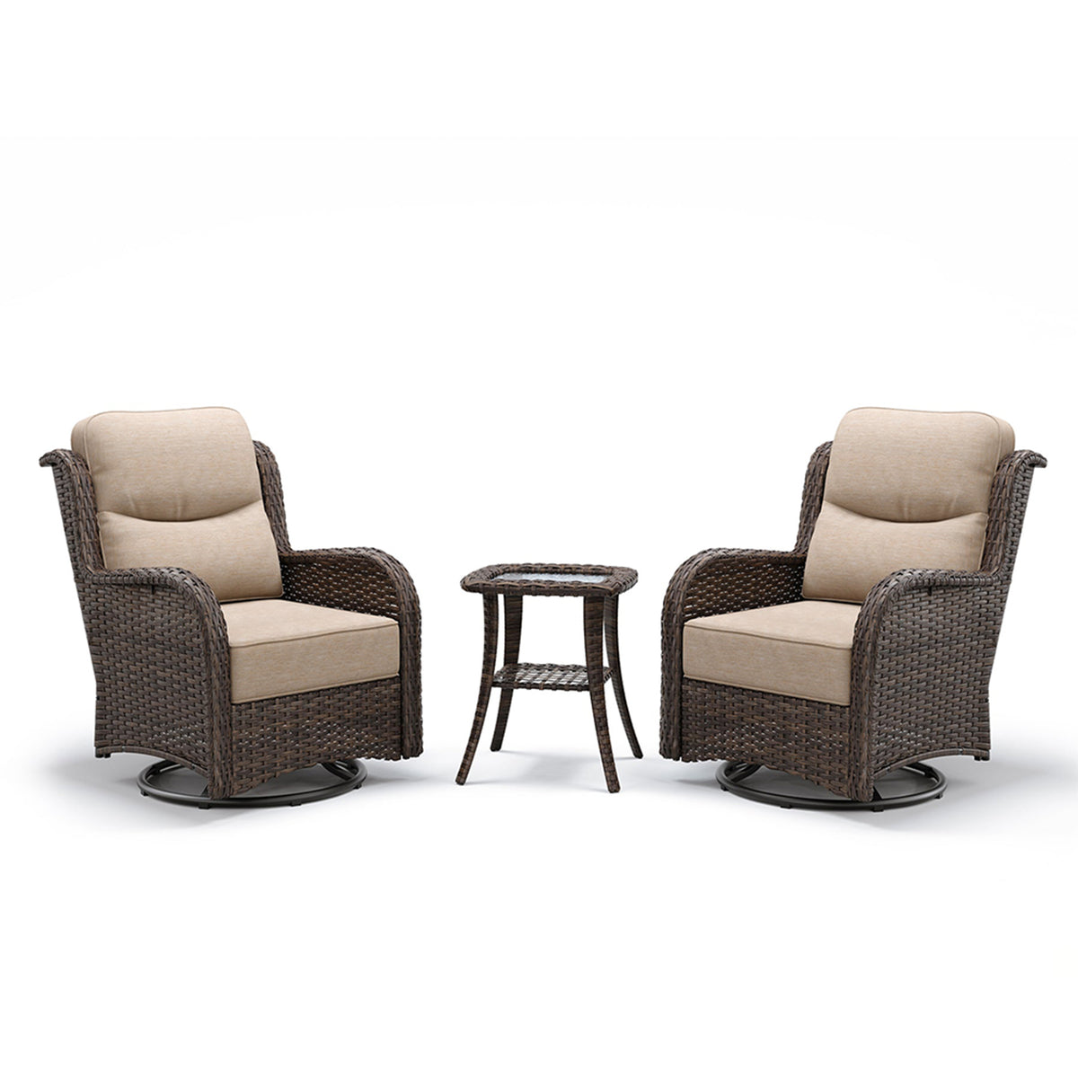 Hawthorne 3 Piece Outdoor Wicker 360° Swivel Conversation Set With Cushions & Side Table For Porch