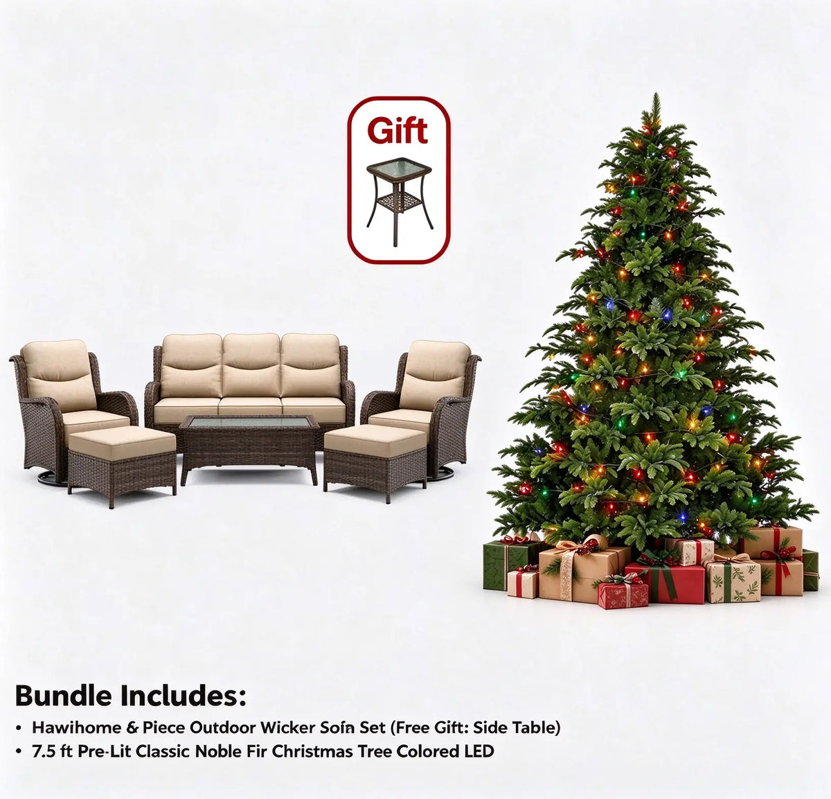 Hawthorne 6 Pieces Outdoor Wicker Sofa Set With 7.5 ft Pre-Lit Noble Fir Christmas Tree