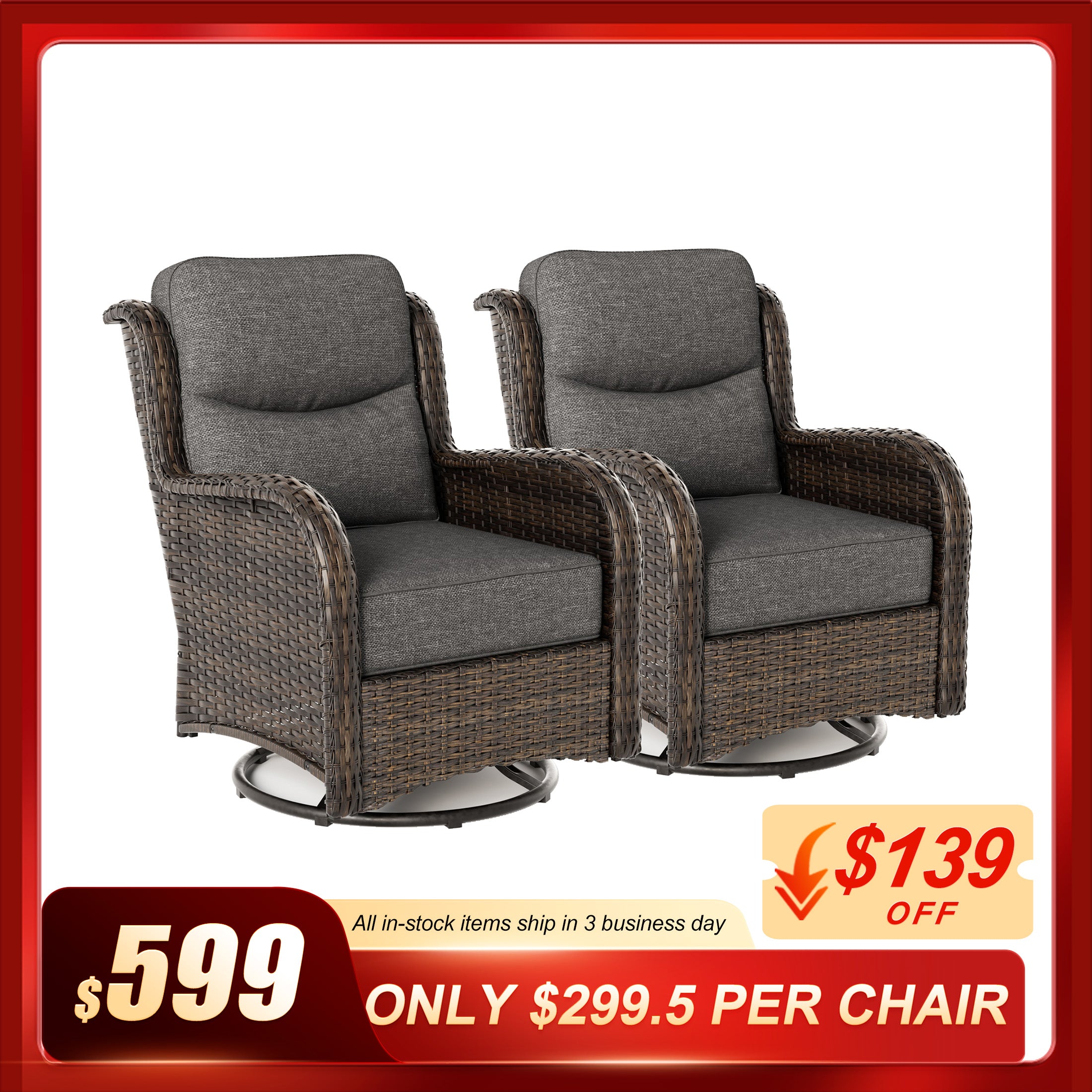 Hawthorne 2 Piece Outdoor Wicker  Swivel Gliding Chairs Set With 6-Inch Cushions & Sturdy Base