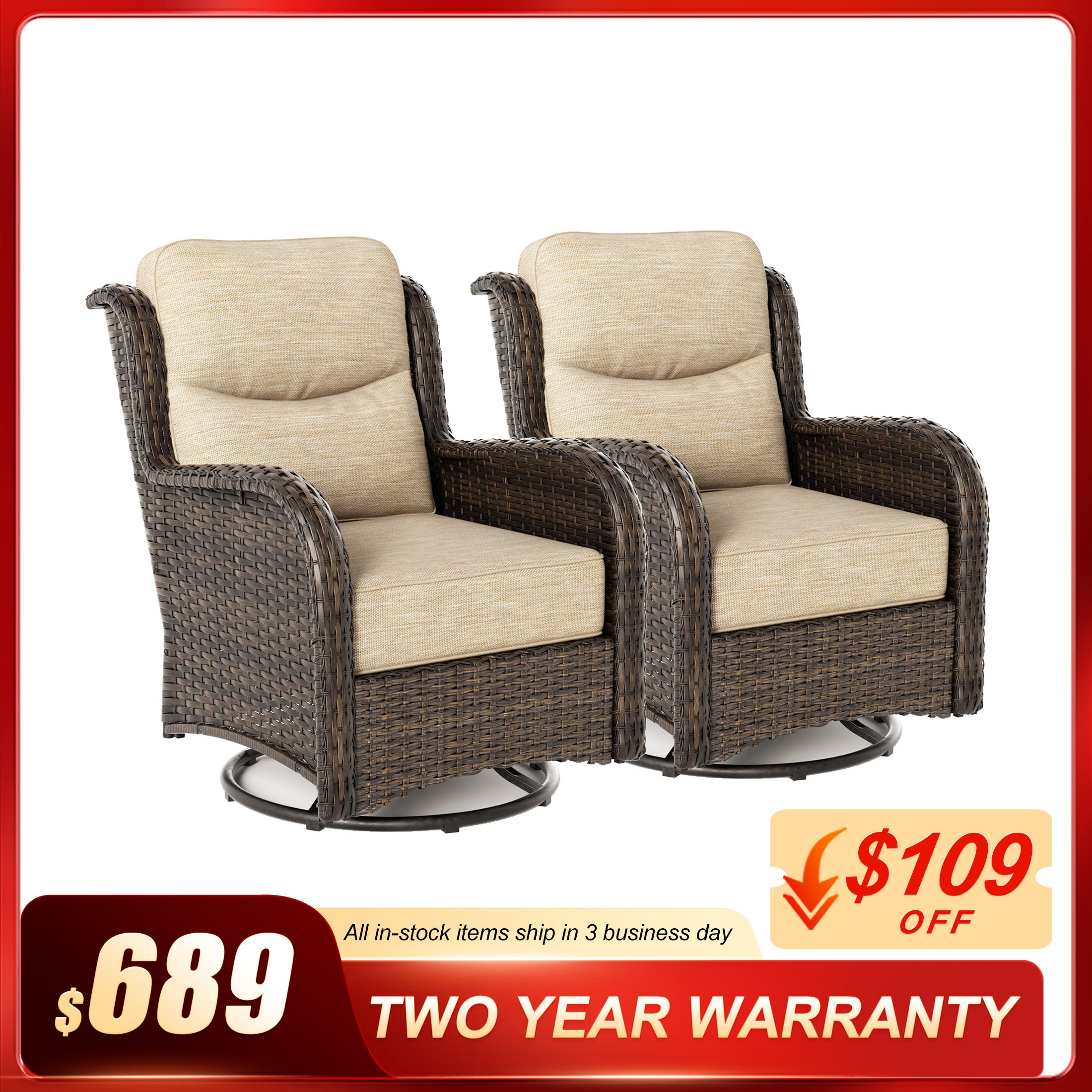 Hawthorne 2 Piece Outdoor Wicker  Swivel Gliding Chairs Set With 6-Inch Cushions & Sturdy Base