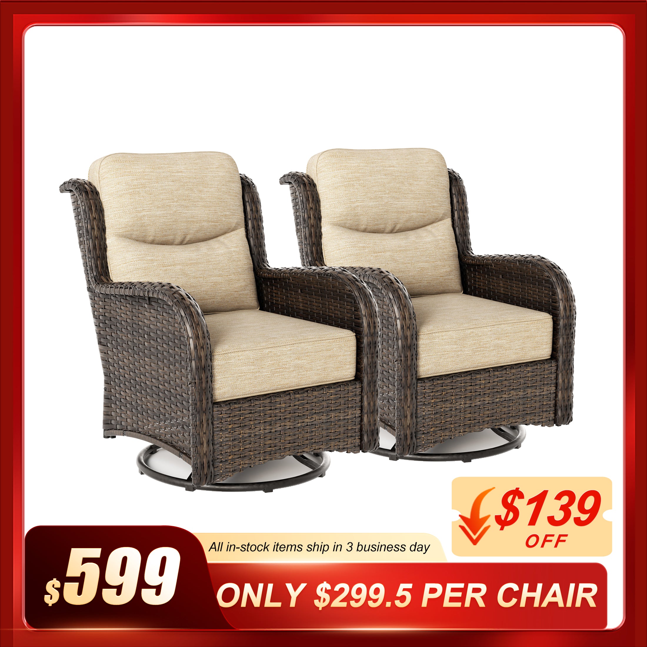 Hawthorne Sand Wicker Furniture Patio High Back Sofa And Swivel Glider Chairs With 6-Inch Cushions