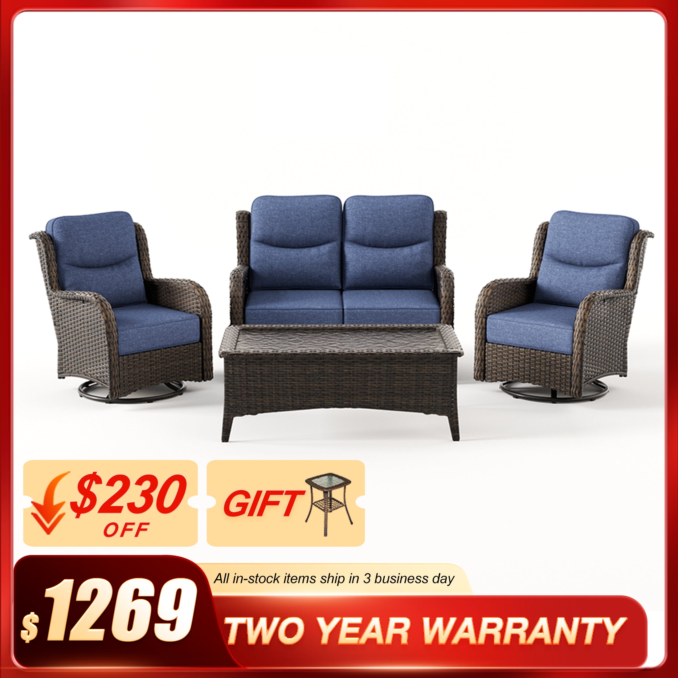 Hawthorne 4 Seater Patio Wicker Loveseat Set With Swivel Glider Chairs And Coffee Table