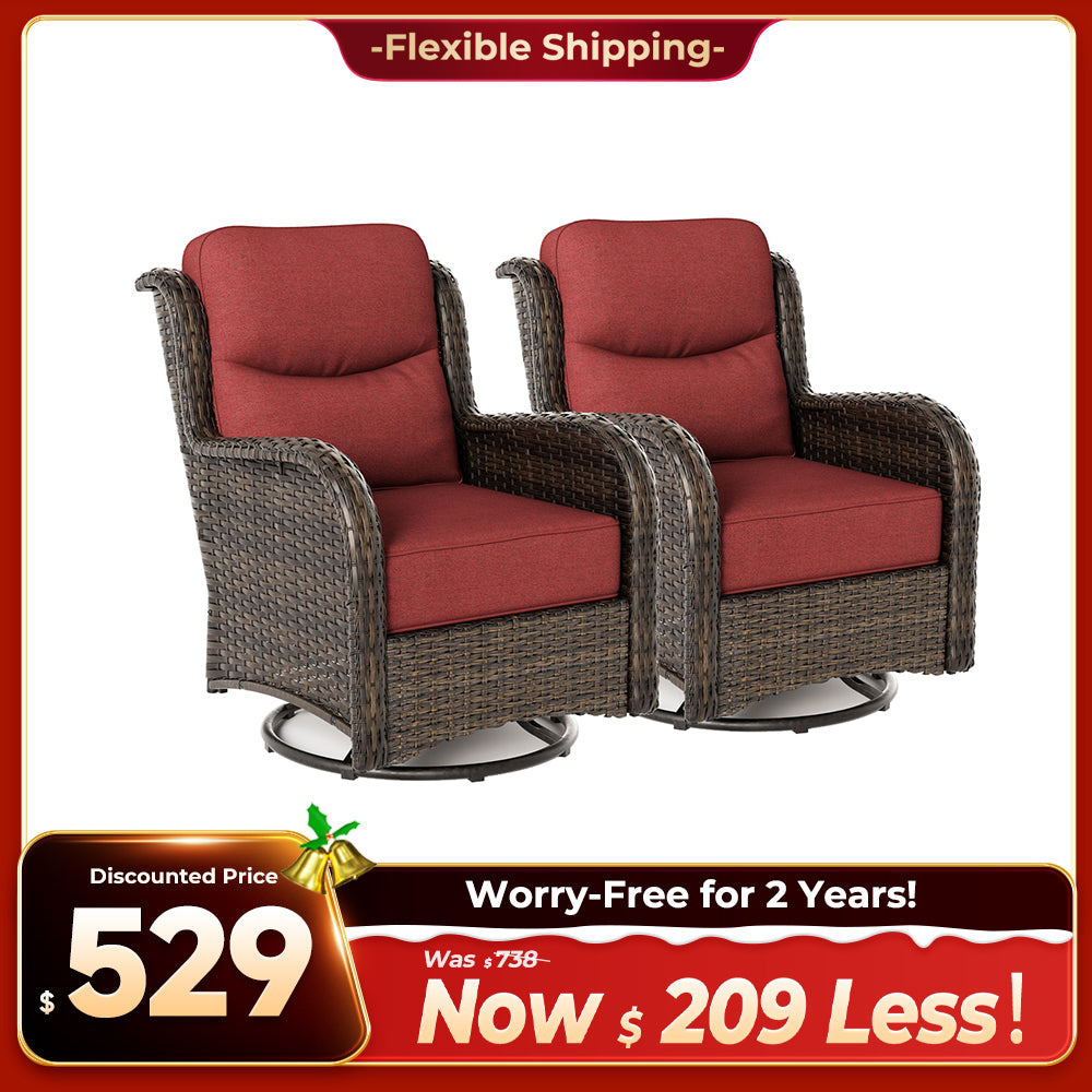 Hawthorne 2 Piece Outdoor Wicker  Swivel Gliding Chairs Set With 6-Inch Cushions & Sturdy Base