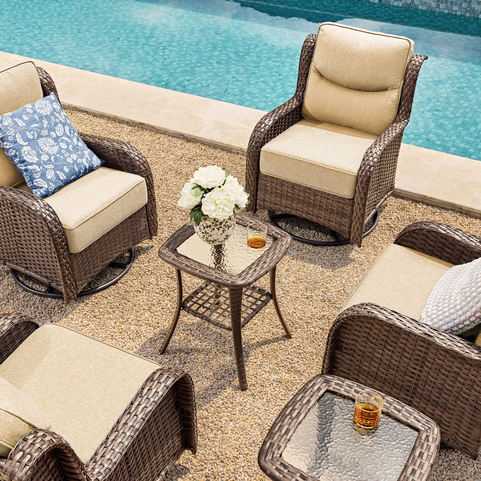 Hawthorne 6 Piece Patio Rattan Deck Conversation Set With Side Tables