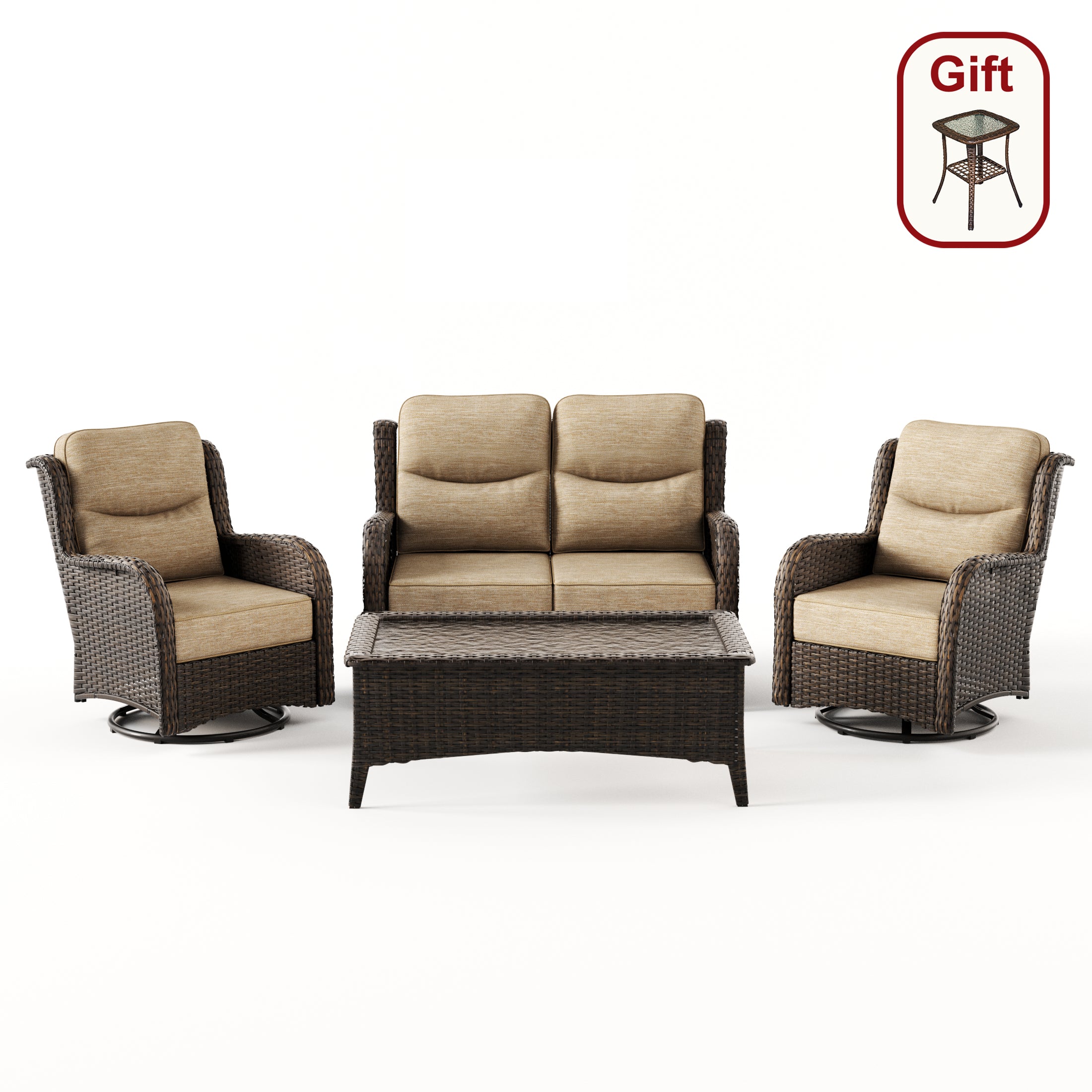 Hawthorne Sand Wicker Furniture Patio High Back Sofa And Swivel Glider Chairs With 6-Inch Cushions
