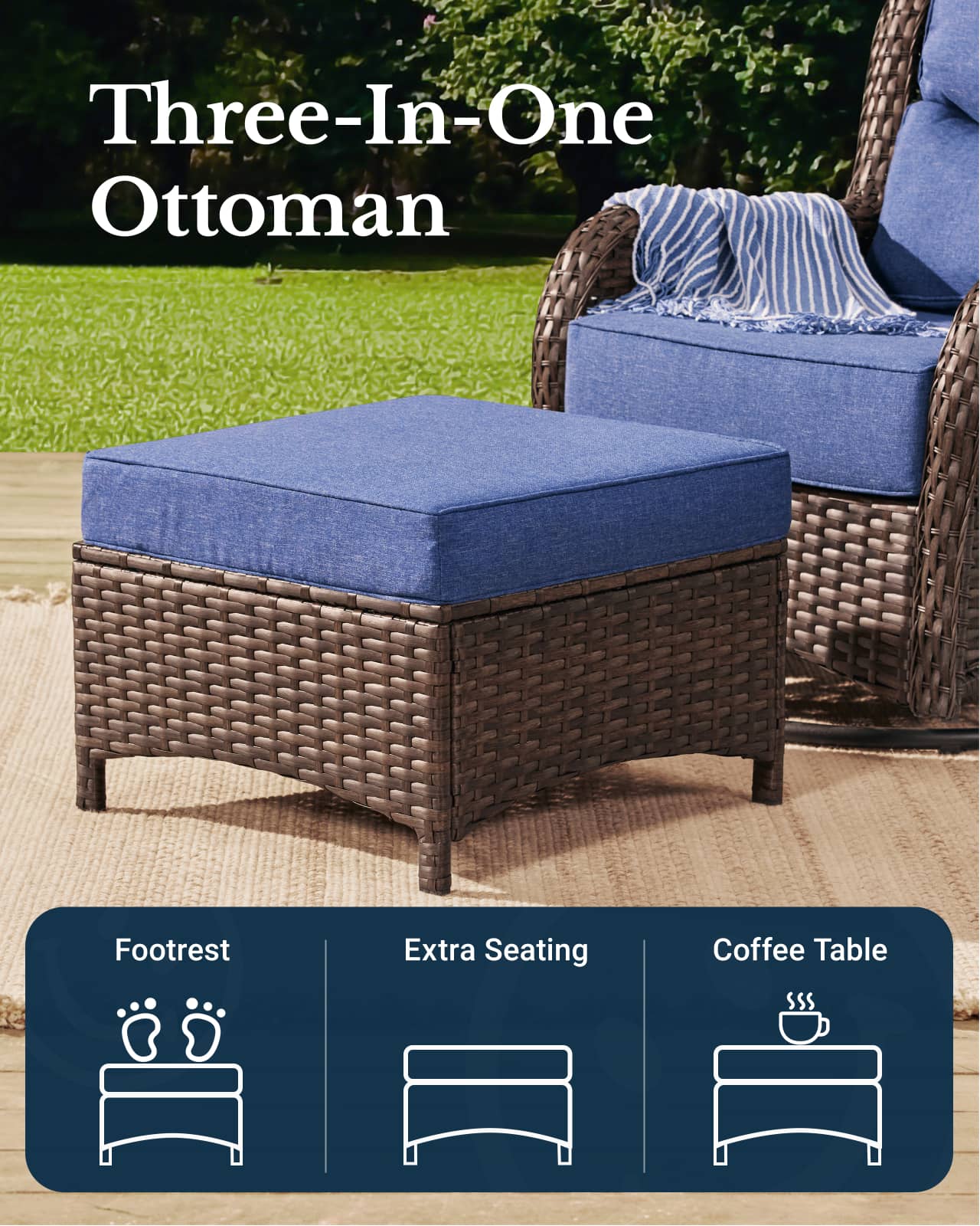 2PCS Flat Rattan Blue Ottomans