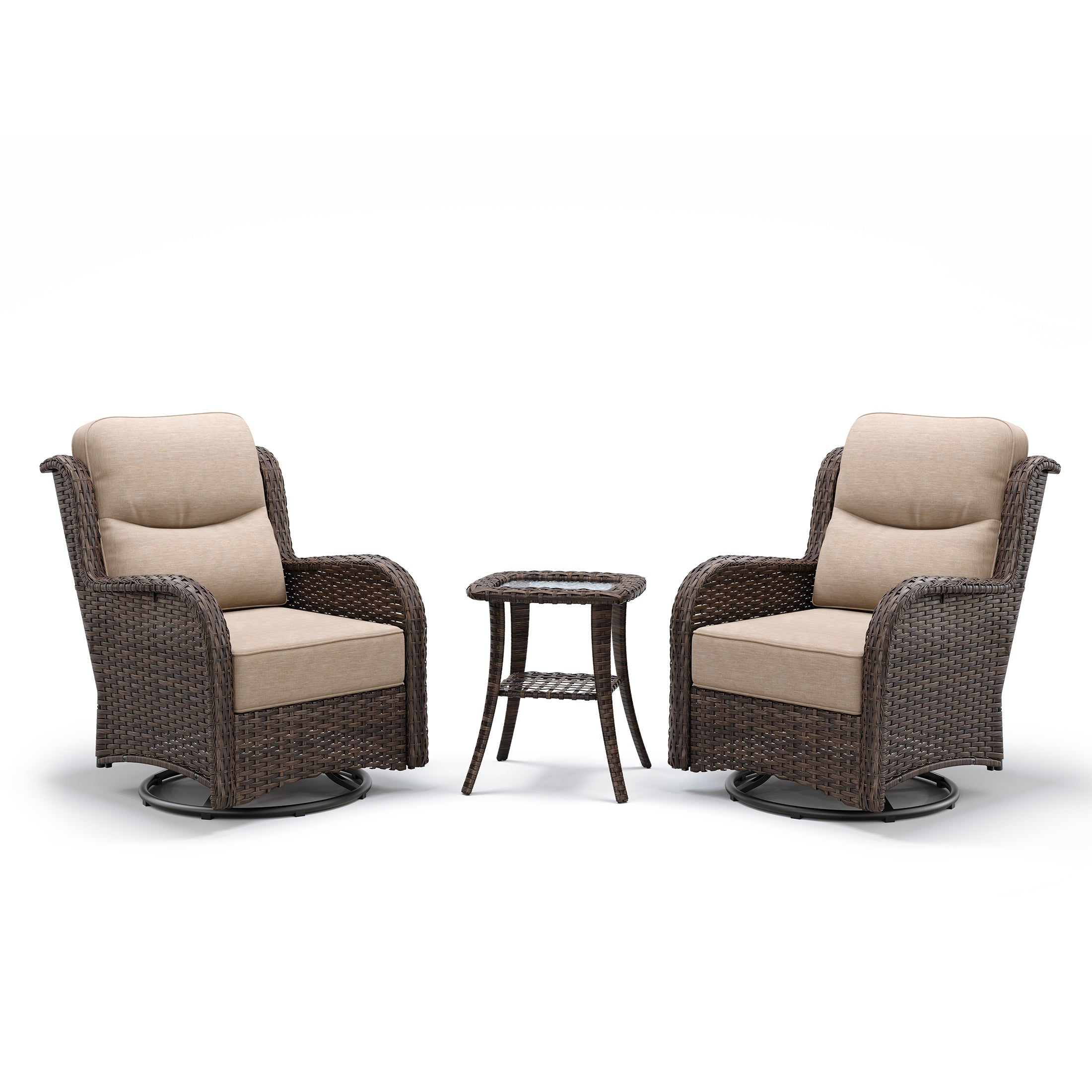 Hawthorne 3 Piece Outdoor Wicker 360° Swivel Conversation Set With Cushions & Side Table For Porch