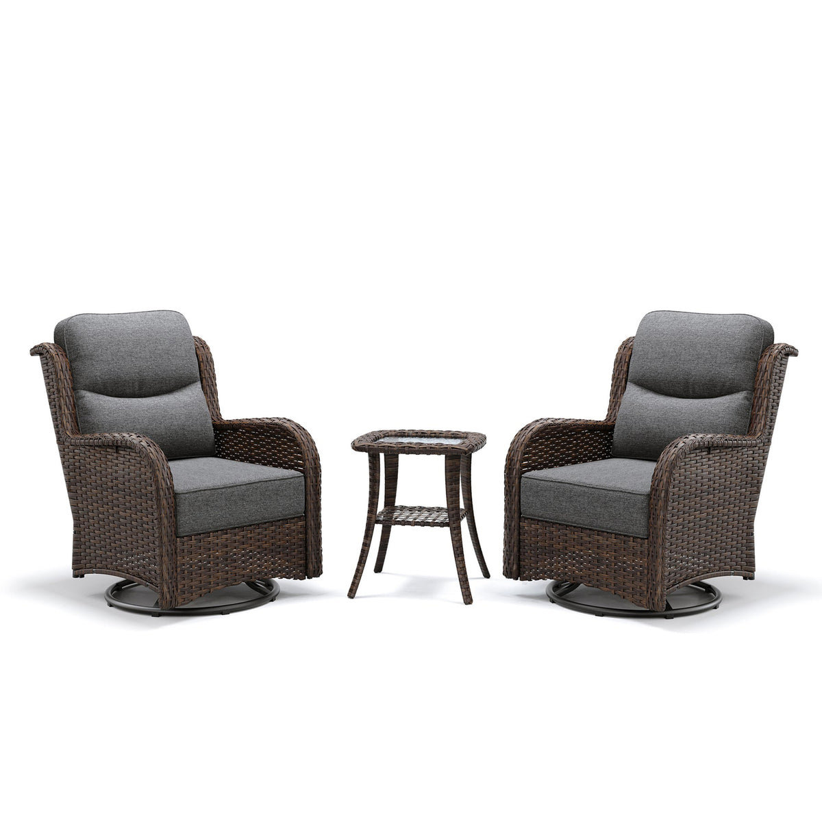Hawthorne 3 Piece Outdoor Wicker 360° Swivel Conversation Set With Cushions & Side Table For Porch