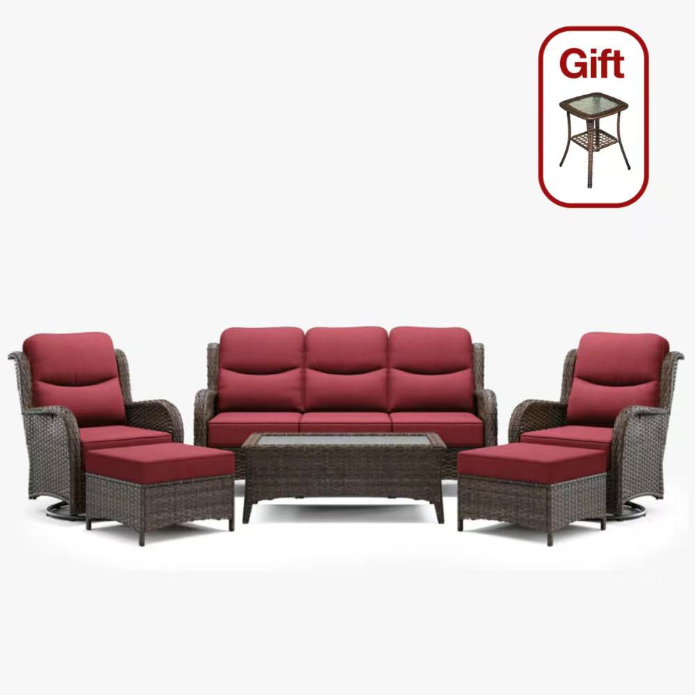 Hawthorne Wicker Furniture Patio Red Sofa And Swivel Glider Chairs With 6-Inch Cushions