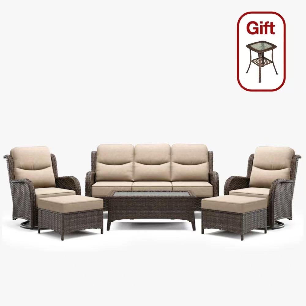 Hawthorne Sand Wicker Furniture Patio Sofa And Swivel Glider Chairs With 6-Inch Cushions