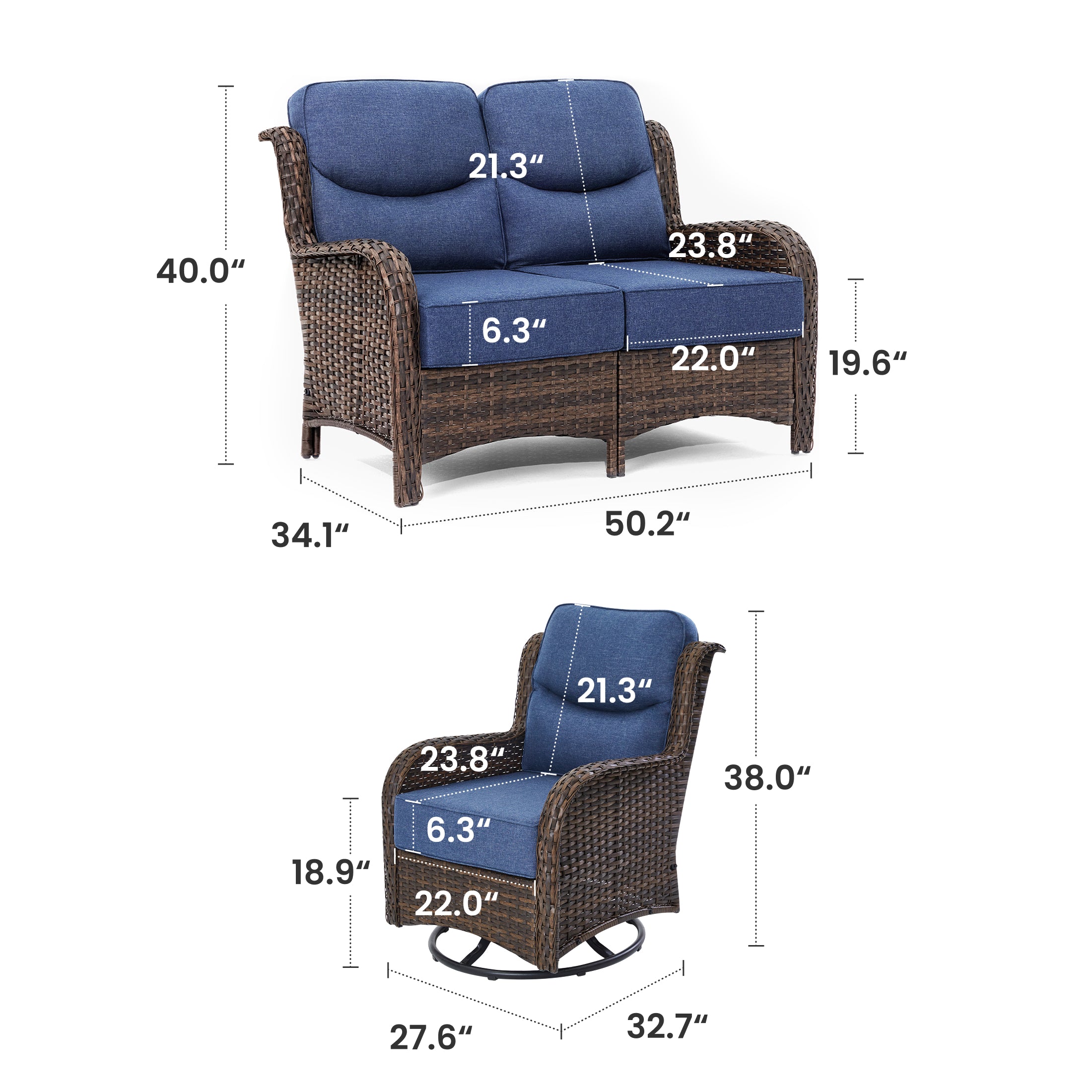 Hawthorne Sand Wicker Furniture Patio High Back Sofa And Swivel Glider Chairs With 6-Inch Cushions