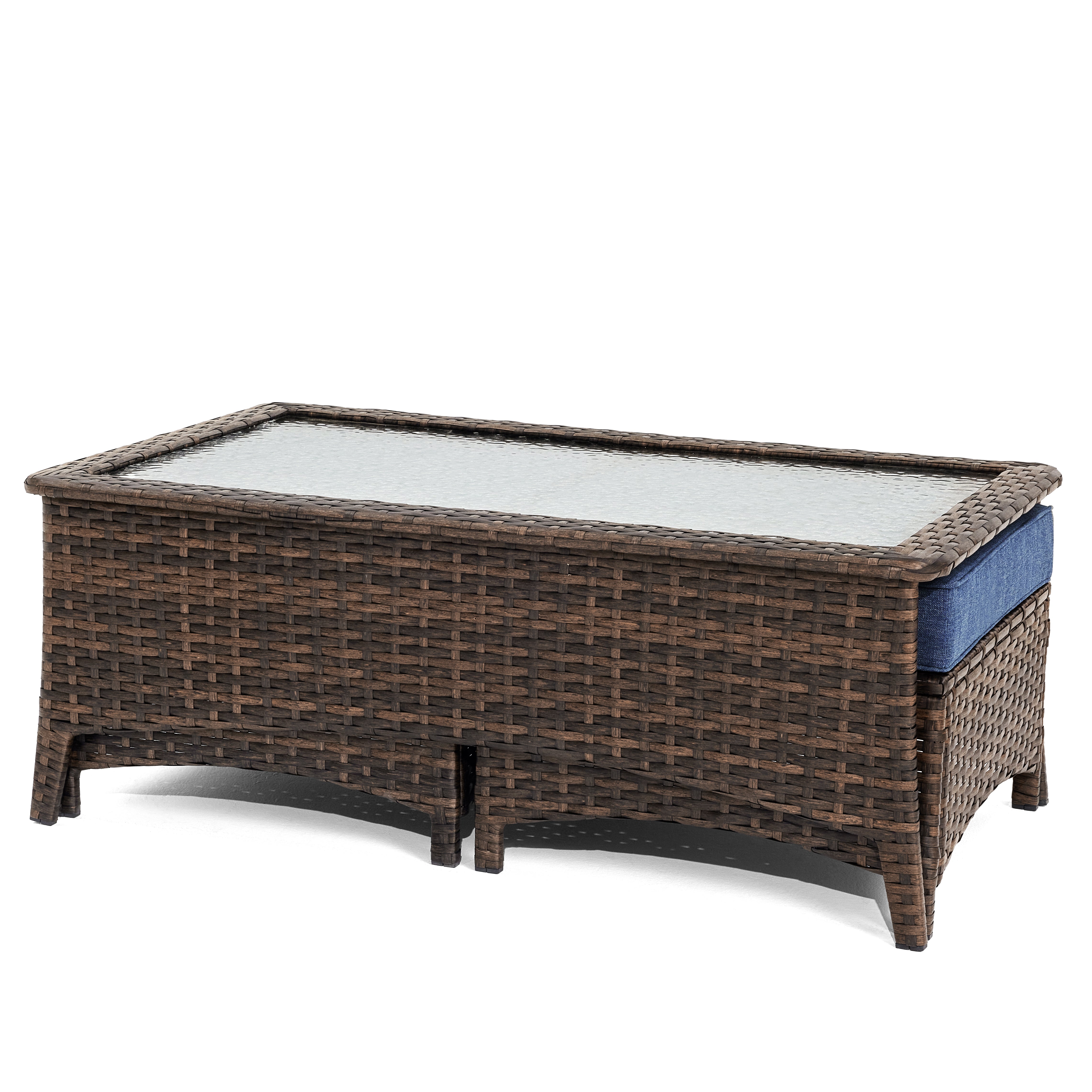 Patio Wicker Coffee Table With Navy Ottomans