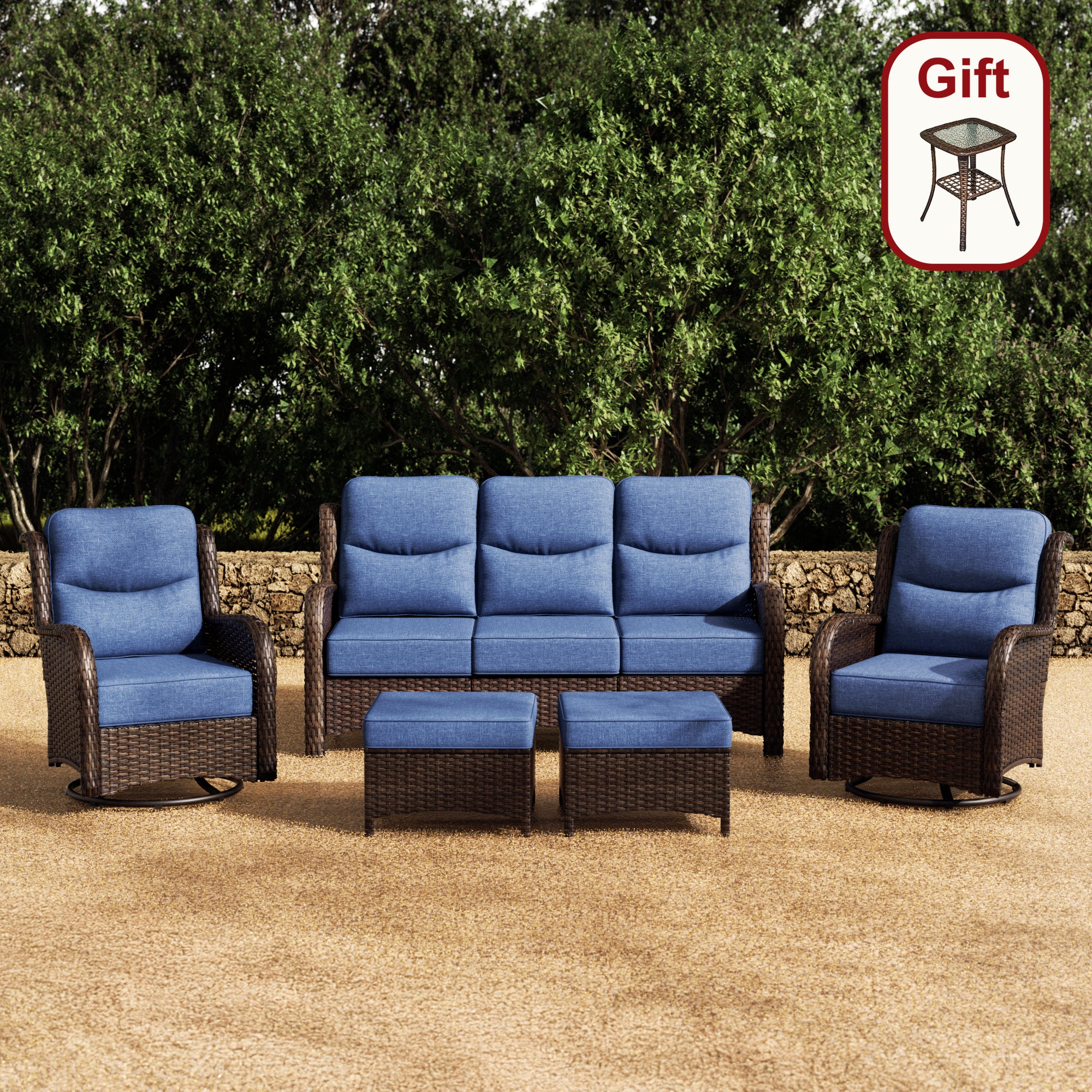 Hawthorne 5 Piece Patio Rattan Sofa Set with Swivel Chairs & Ottomans