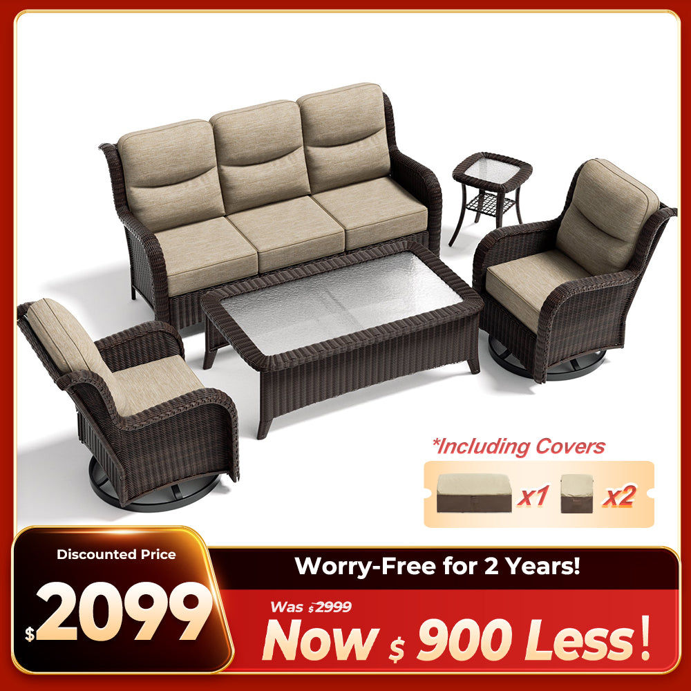 Ardenelle Luxury 5 Piece Patio Wicker Sofa Set With Tables