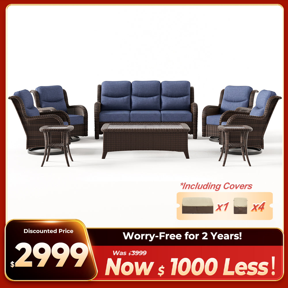 Ardenelle Luxury 7 Piece Patio Wicker Blue Sofa Set With Tables