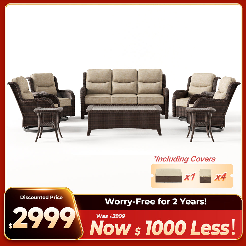 Ardenelle Luxury 7 Piece Patio Wicker Sofa Set With Tables