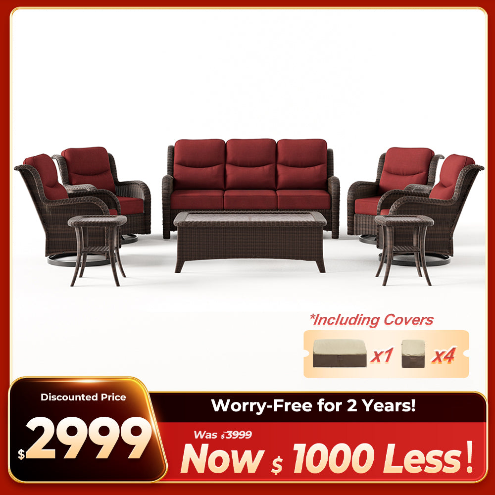 Ardenelle Luxury 7 Piece Patio Wicker Sofa Set With Tables