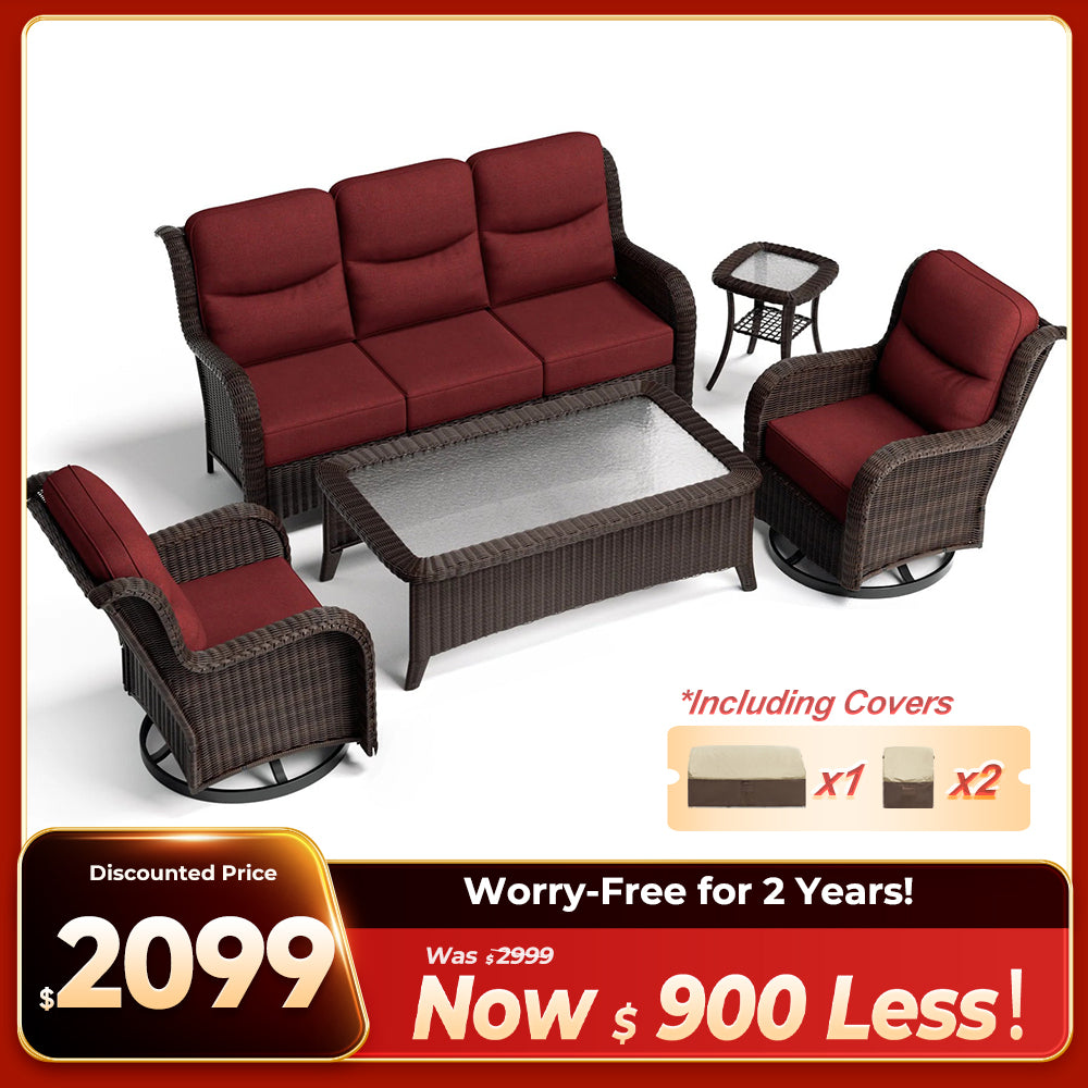 Ardenelle Luxury 5 Piece Patio Wicker Sofa Set With Tables
