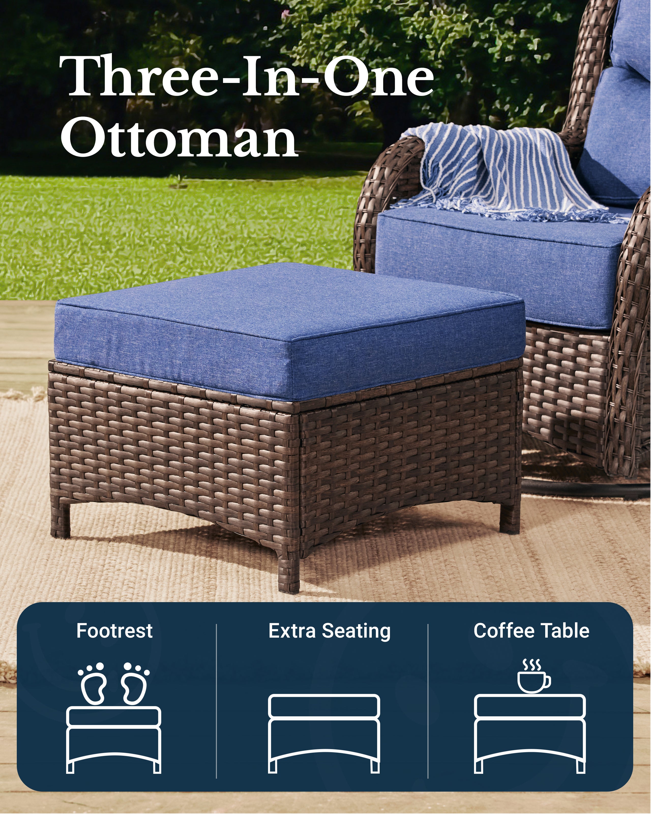 Patio Wicker Coffee Table With Navy Ottomans