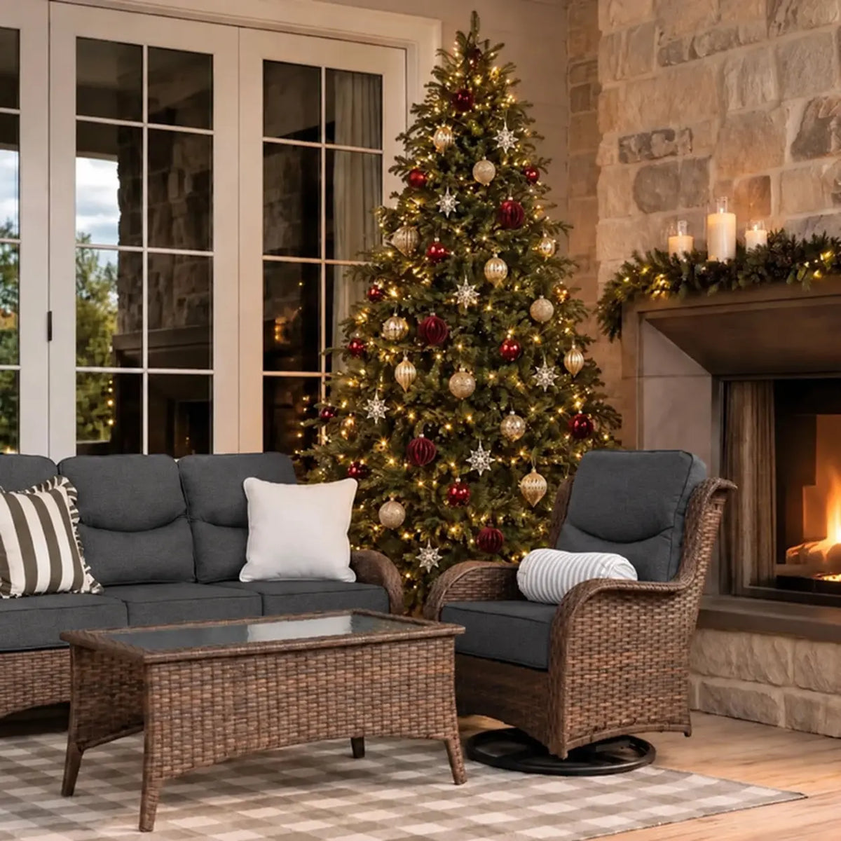 Hawthorne 6 Pieces Outdoor Wicker Sofa Set With 7.5 ft Pre-Lit Noble Fir Christmas Tree
