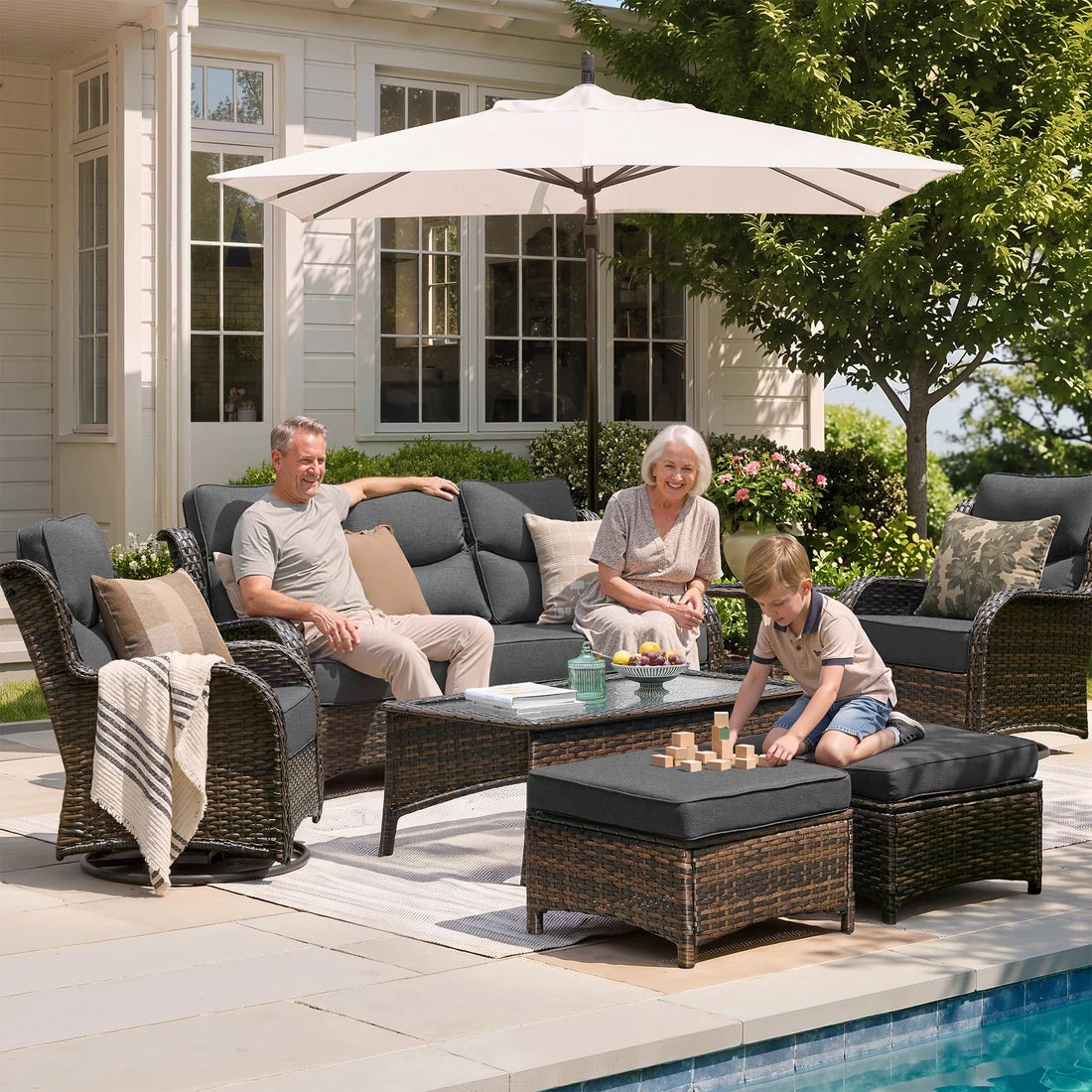 Hawthorne 6 Pieces Outdoor Wicker Sofa Set With 7.5 ft Pre-Lit Noble Fir Christmas Tree