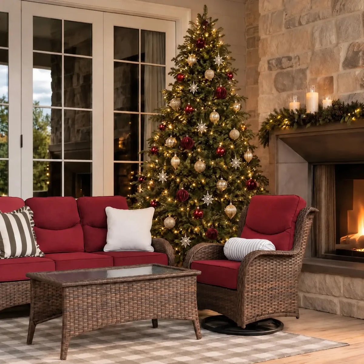 Hawthorne 6 Pieces Outdoor Wicker Sofa Set With 7.5 ft Pre-Lit Noble Fir Christmas Tree