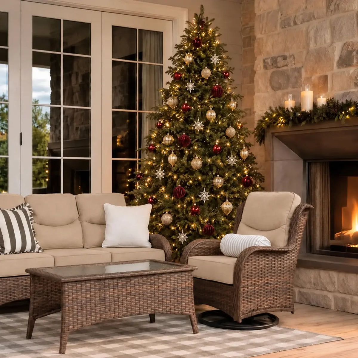 Hawthorne 6 Pieces Outdoor Wicker Sofa Set With 7.5 ft Pre-Lit Noble Fir Christmas Tree