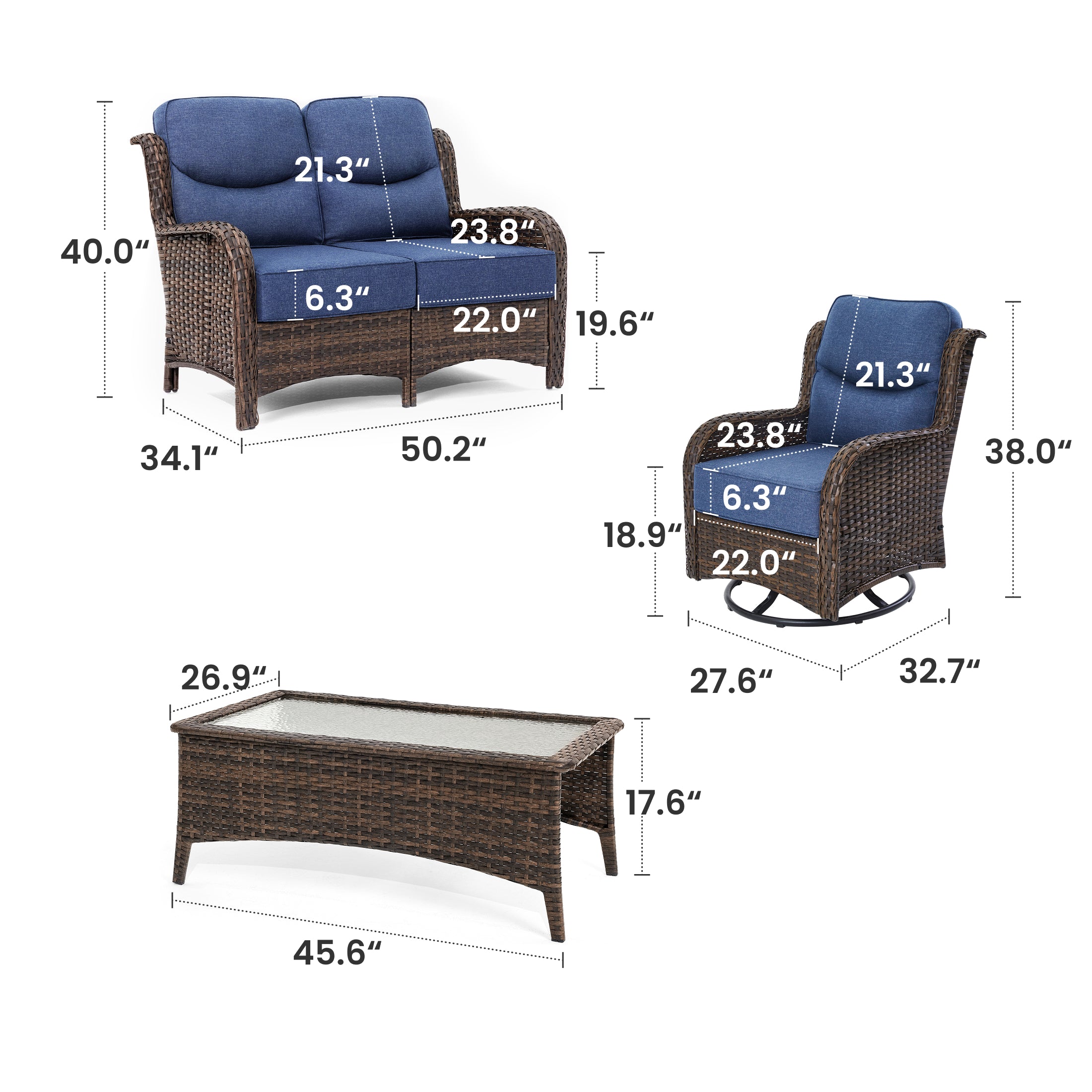Hawthorne 4 Seater Patio Wicker Loveseat Set With Swivel Glider Chairs And Coffee Table