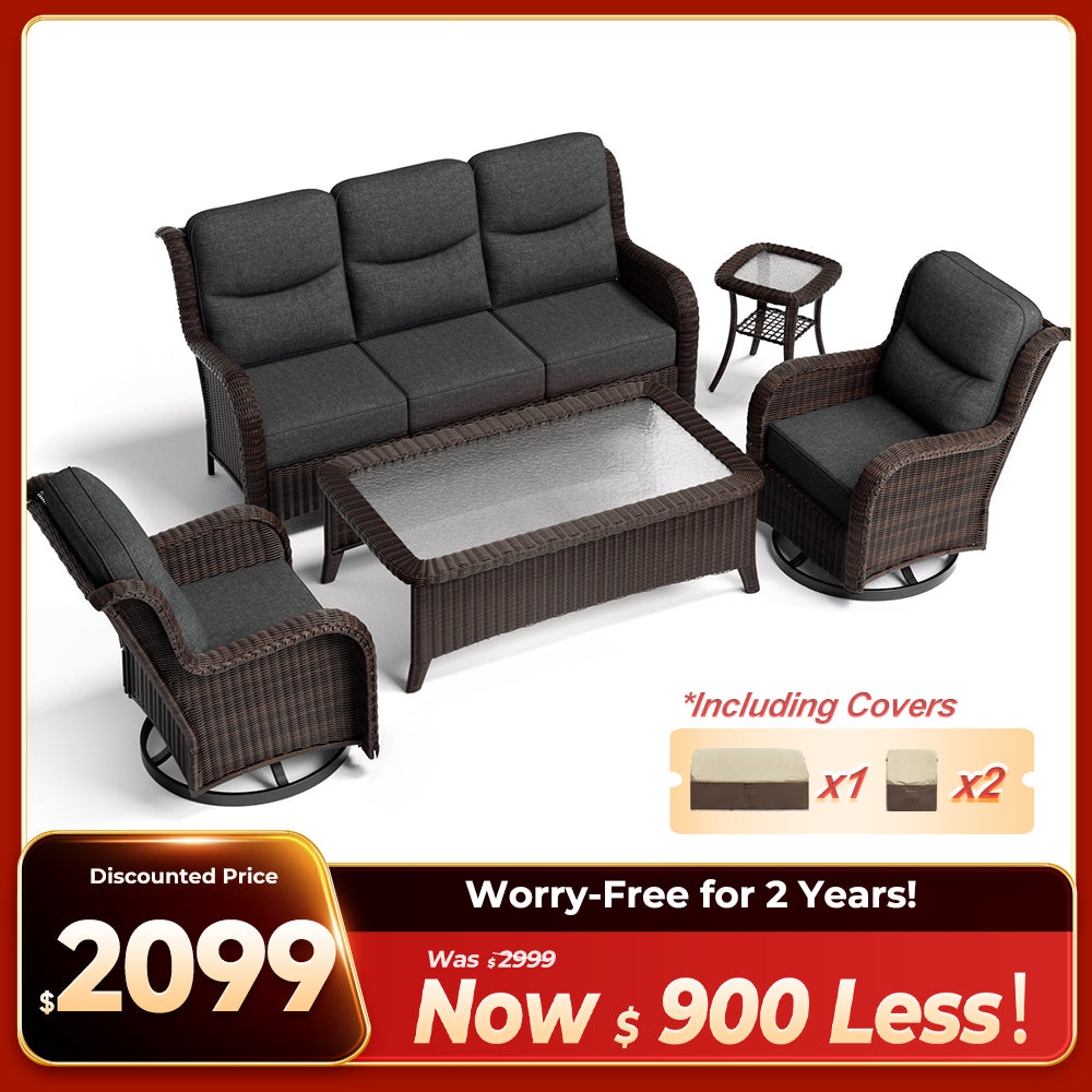 Ardenelle Luxury 5 Piece Patio Wicker Dark Grey Sofa Set With Tables