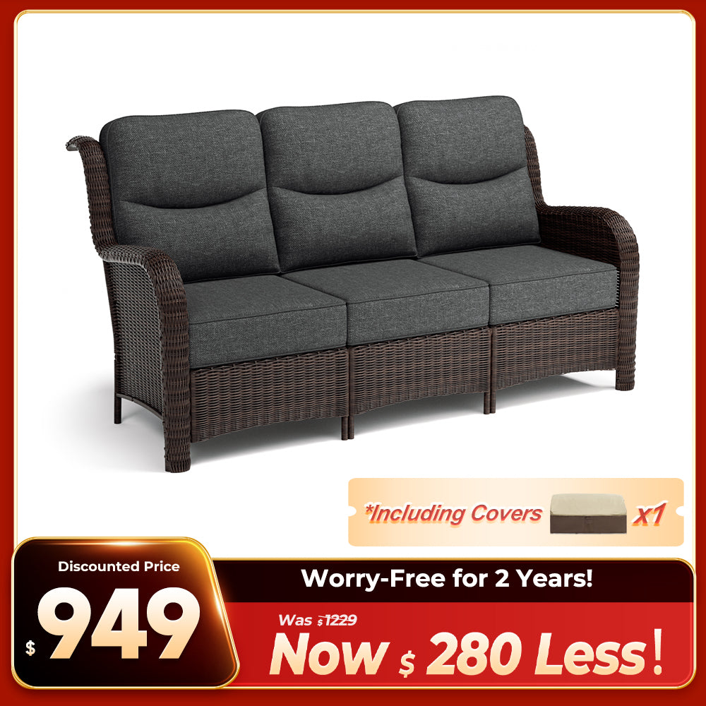 Ardenelle Luxury 3 Piece Patio Wicker Conversation Set With High Back 6-Inch Cushions For Deck