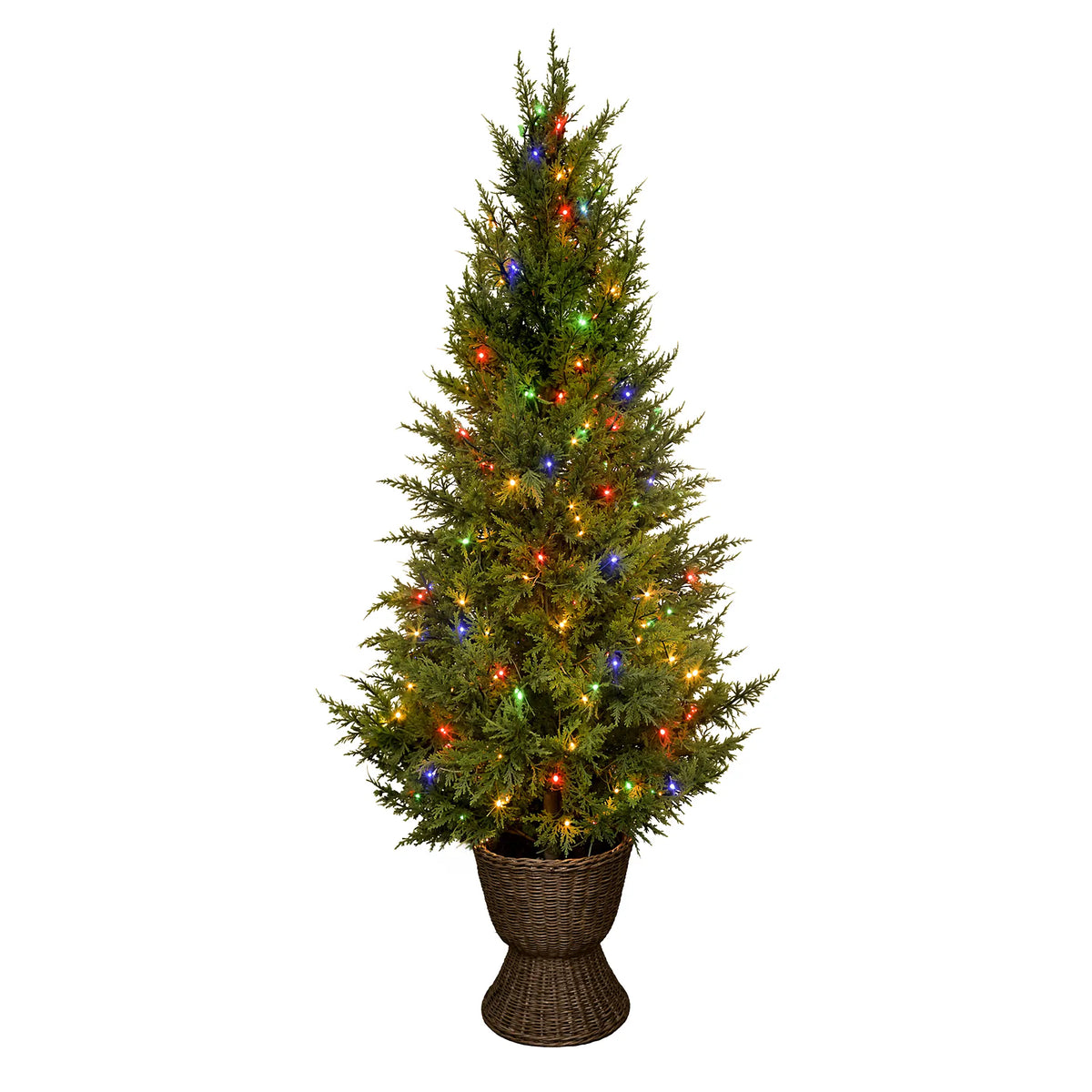 4 ft Pre-Lit Cedar Potted Porch Tree In Woven Urn Colored LED