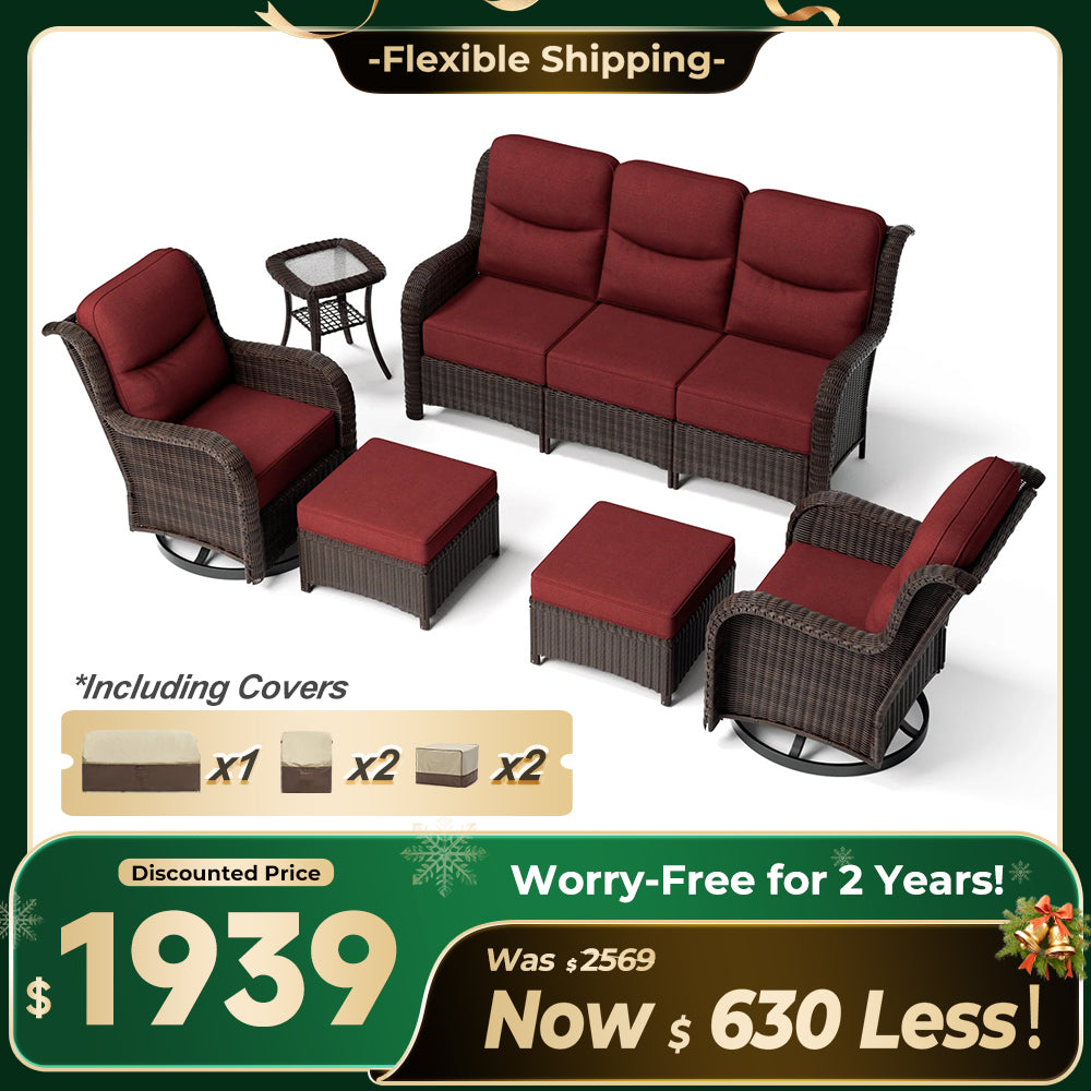 Ardenelle Luxury 6 Piece Patio Wicker Sofa Set With Ottomans, Side tables And Covers